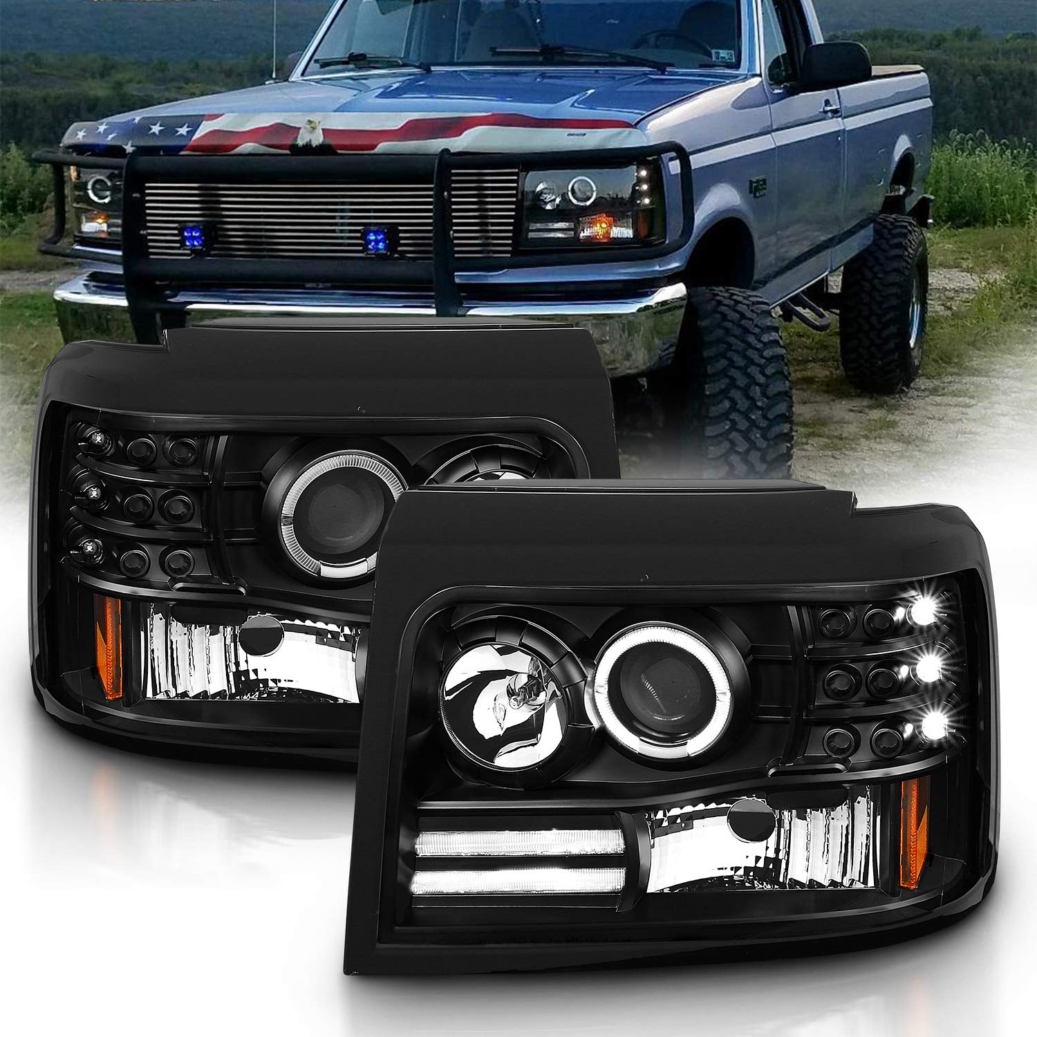 Amerilite Led Halo Bar Projector Replacement Halogen Car Headlights Set For Ford F-150/F250/F350/Bronco - Passenger Right And Dr