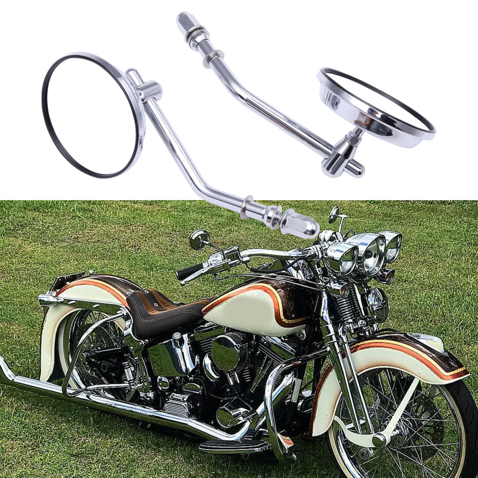 Rich Choices Chrome Motorcycle Round Sportster Mirrors, Iron, Model CB11016, Compatible with Harley Davidson Fatboy, Dyna, Road King