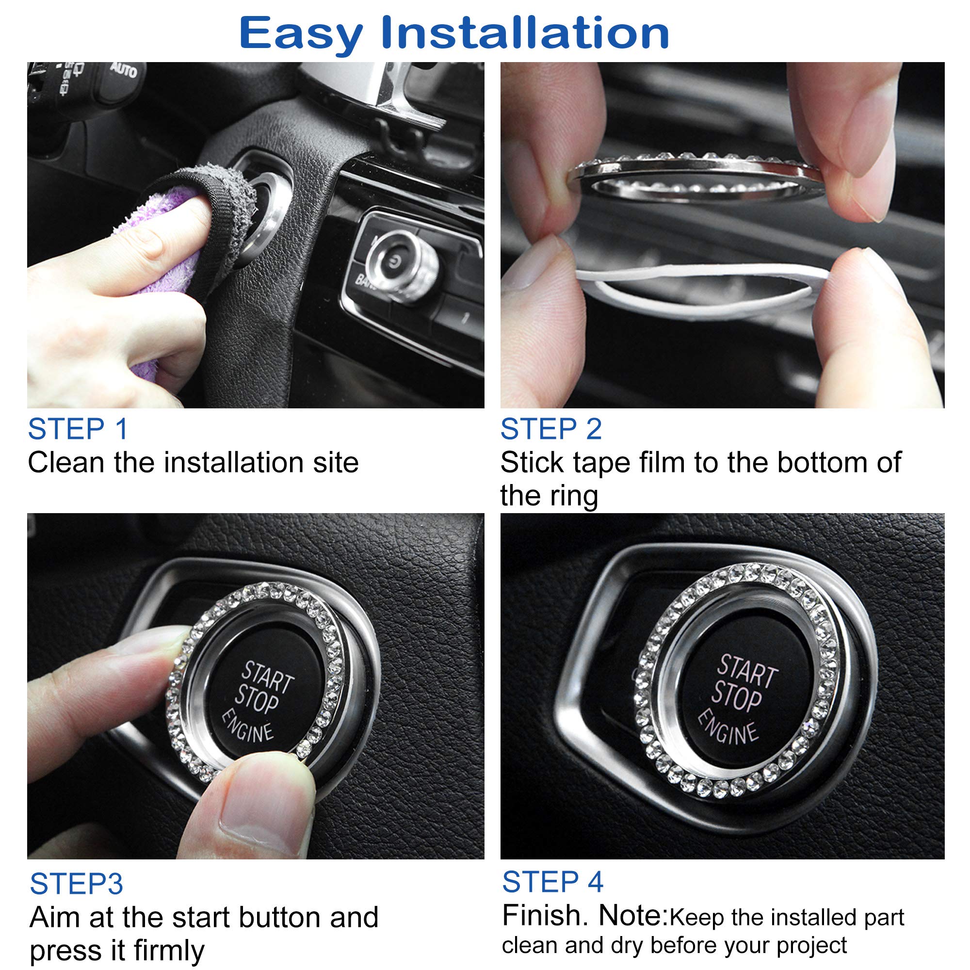Orrdice 4Pcs Crystal Rhinestone Ring For Car Decor, Car Volume And Tune Knobs Ring Emblem Sticker,Auto Engine Start Stop Decorat