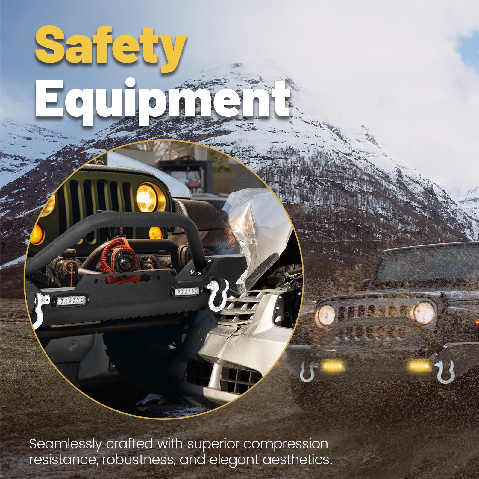 ECOTRIC Front Bumper for 1987-2006 Jeep Wrangler TJ/YJ, Black Alloy Steel, Heavy Duty, with Winch Plate & LED Lights, Model CA-110
