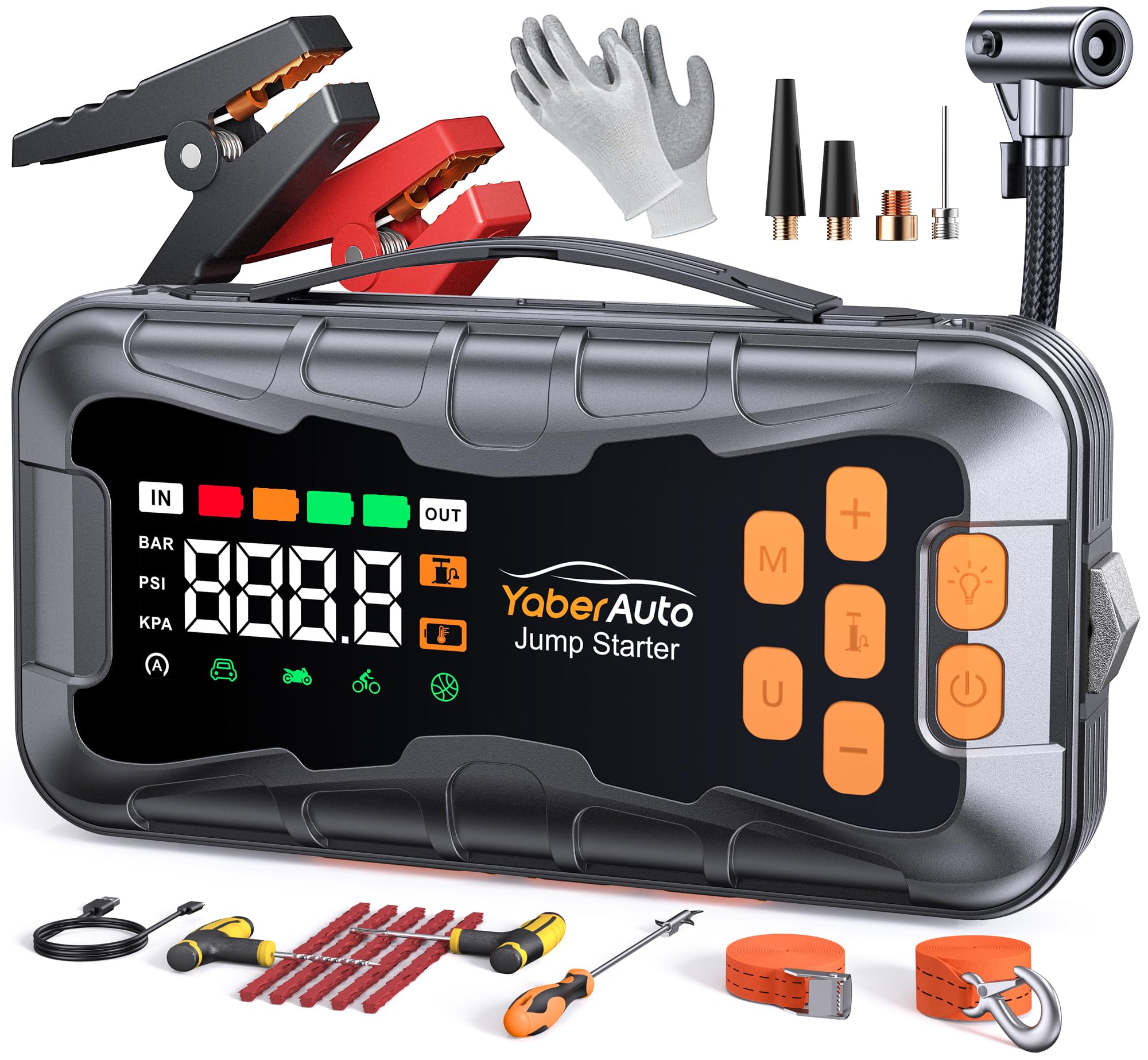 YaberAuto 16-in-1 Jump Starter with Air Compressor 8000A 160PSI Car Battery Jump Starter (All Gas/14L Diesel) 12V Jump Box Car B