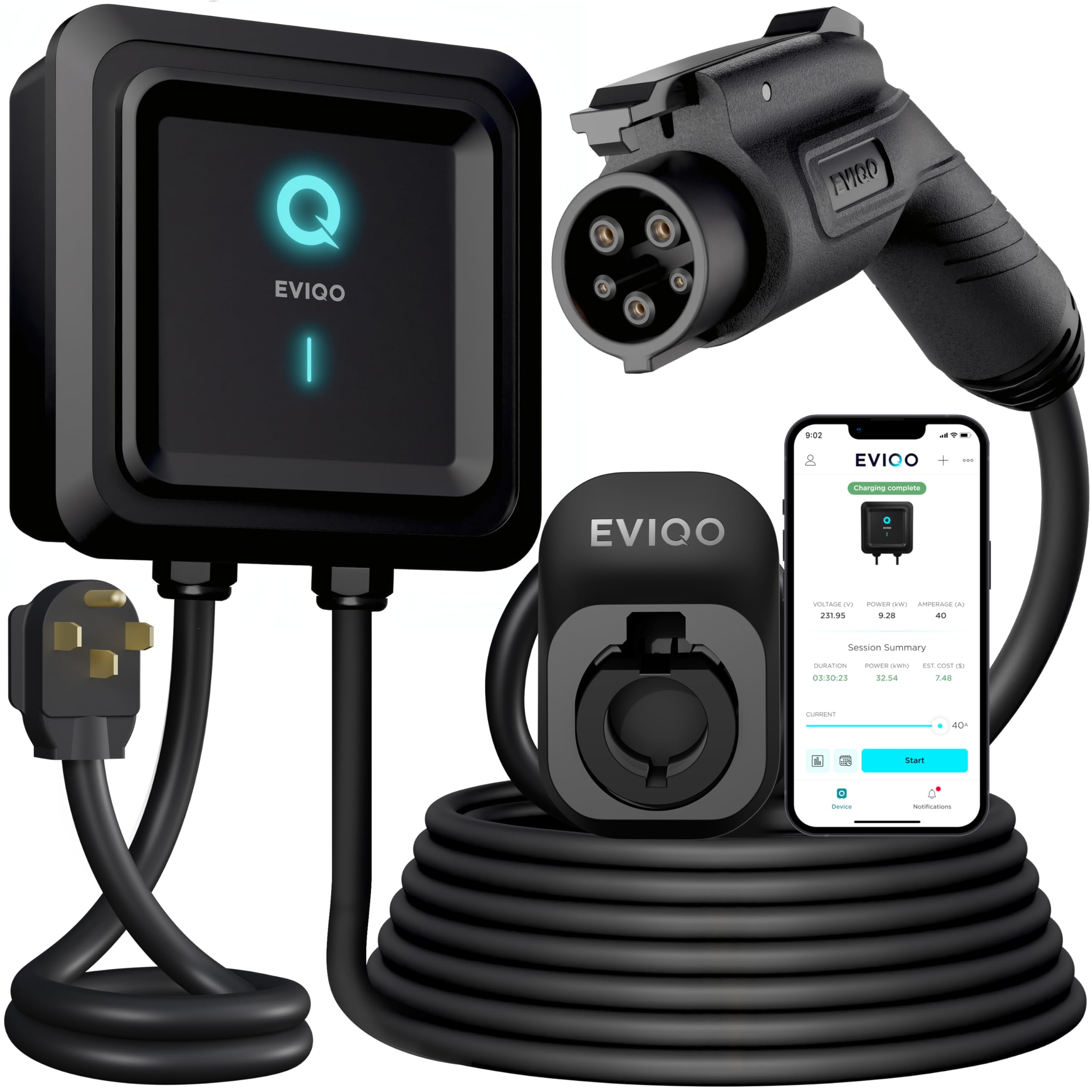Eviqo Level 2 Ev Charger - 40 Amp (9.6 Kw) 240V - Wall Ev Charger Level 2, Nema 14-50 Plug, J1772 25' Cable, Enhanced Wi-Fi - Ul