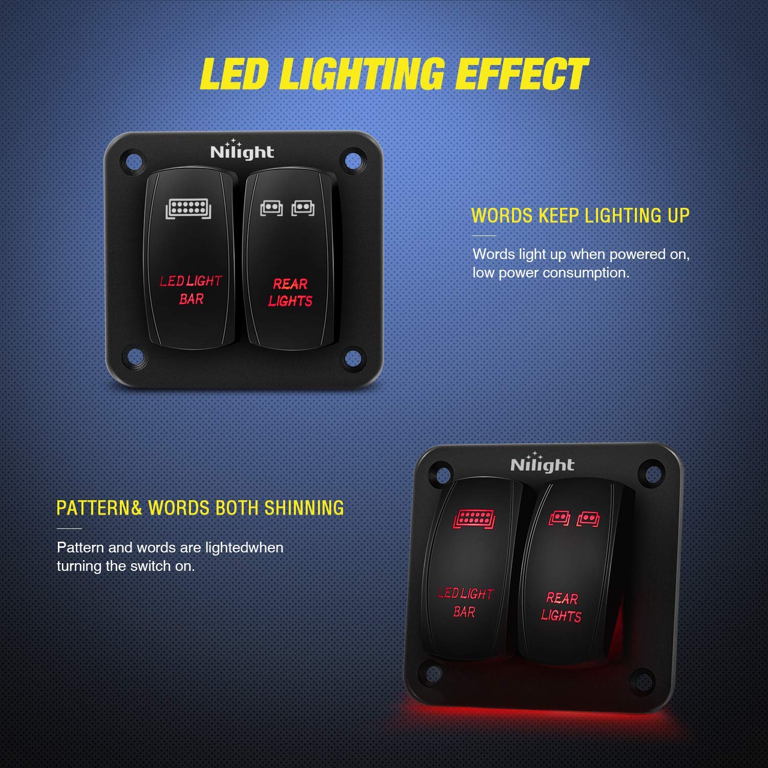 Nilight 2 Gang Rocker Switch Panel LED Light Bar Switch Rear Lights Switch 12 24V DC Red Switches 5Pin ON Off Pre Wired Toggle S