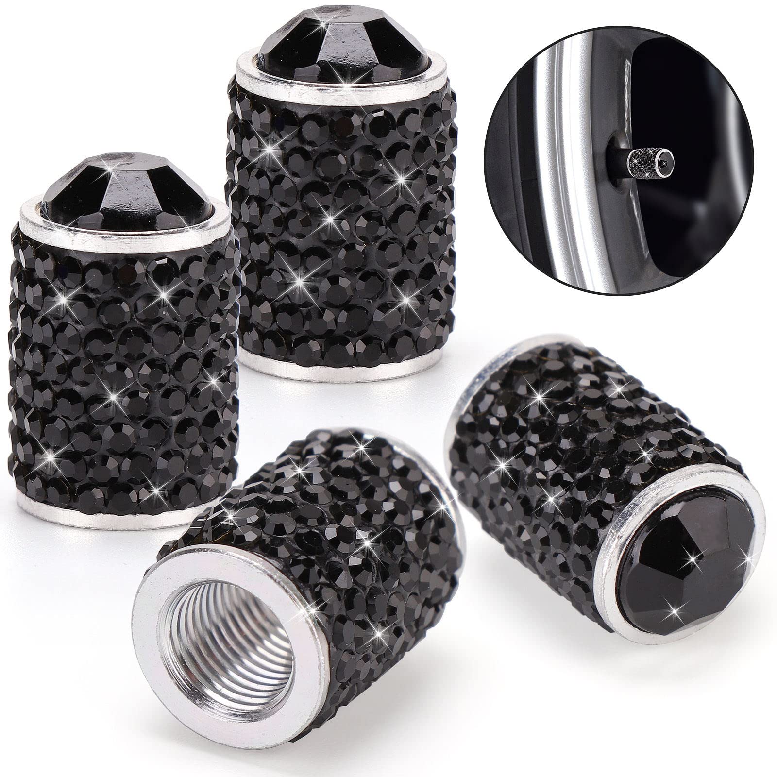 ToBeQueen Bling Tire Valve Covers - Handmade Crystal Rhinestone, Black, 4 Pack, Universal Dustproof Car Accessories for SUV/Motorcycle/Bike