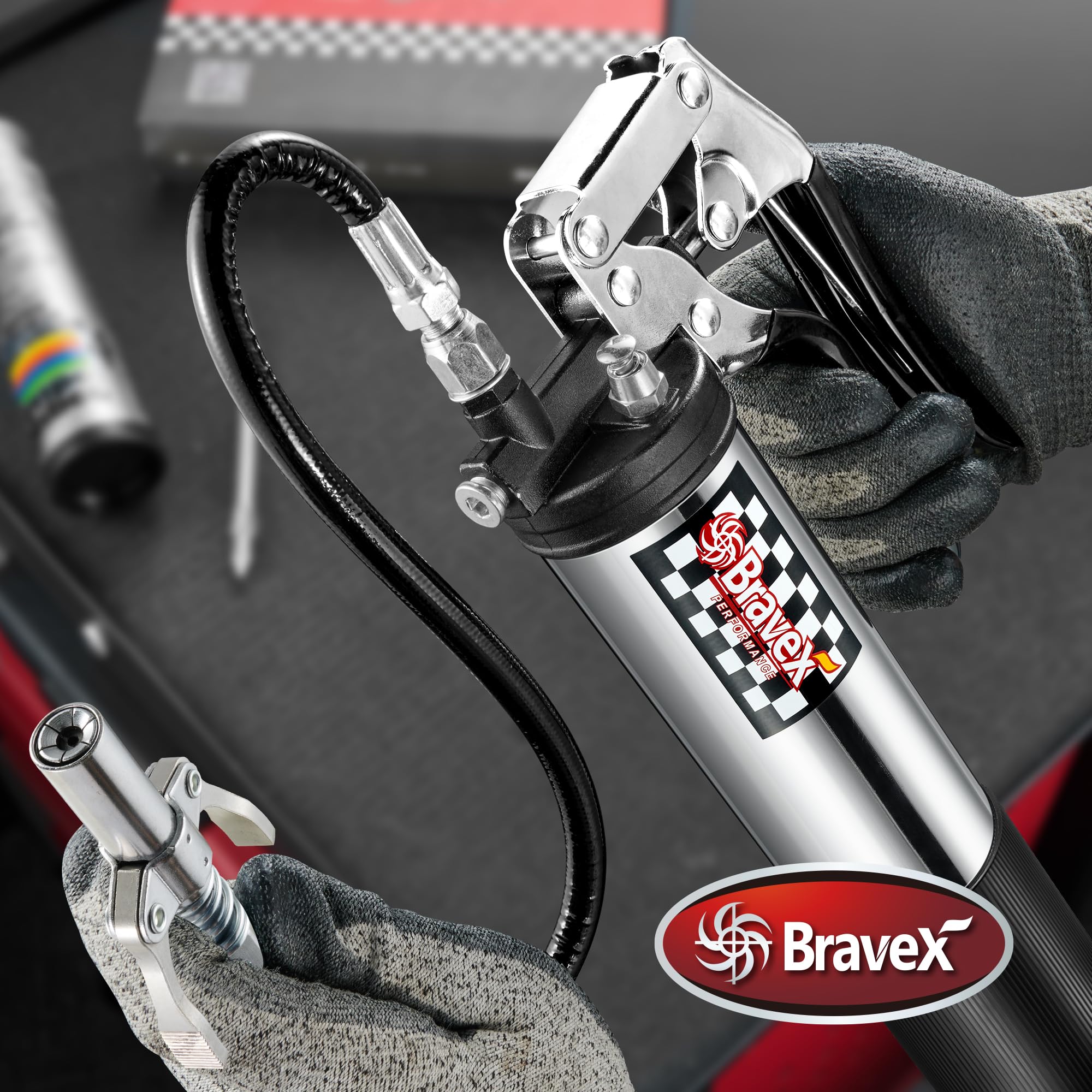 Bravex Pistol Grip Grease Gun Heavy Duty Professional 6000 Psi W/Quick Release Coupler - 18 Inch Flex Hose