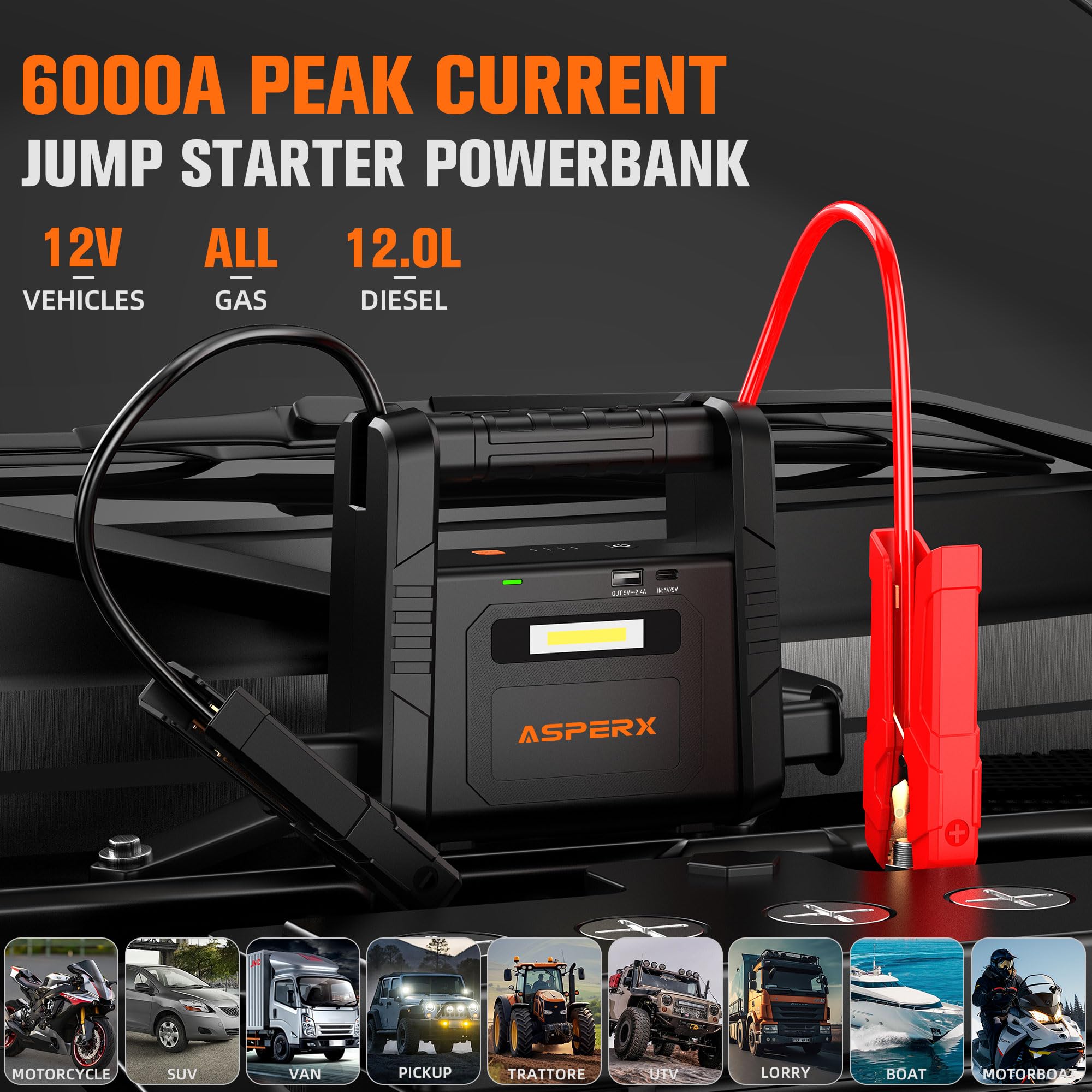 AsperX 6000A Car Jump Starter - Portable 12V Battery Charger with LED Flashlight, Jumper Cables, Model AX6000, Black