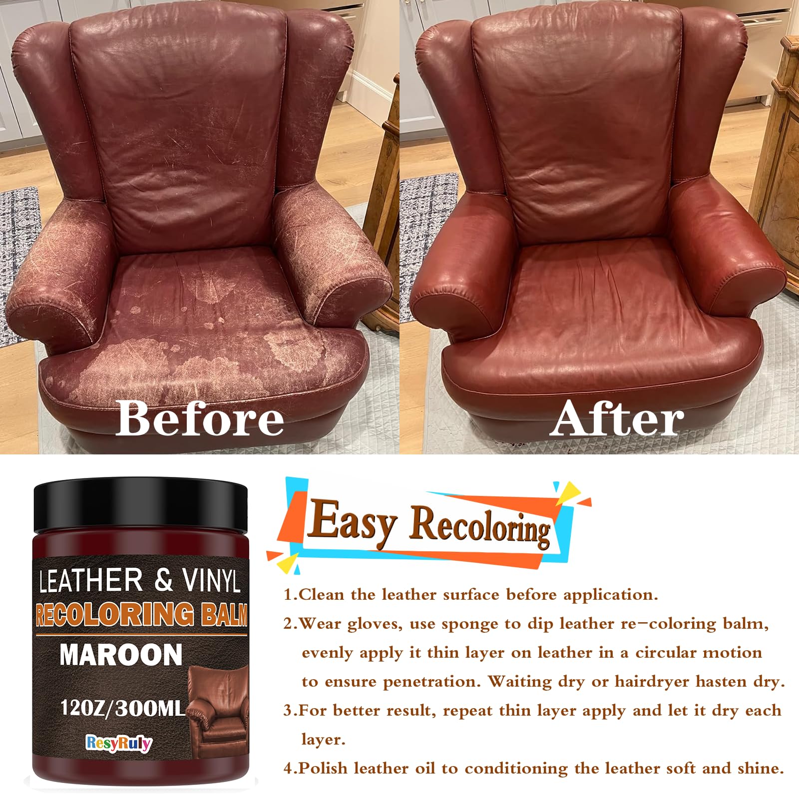Maroon Leather Repair Kit For Furniture Dye Car Interior Vinyl Seats Paint Leather Conditioner Couch Handbag Chair Stain Remover