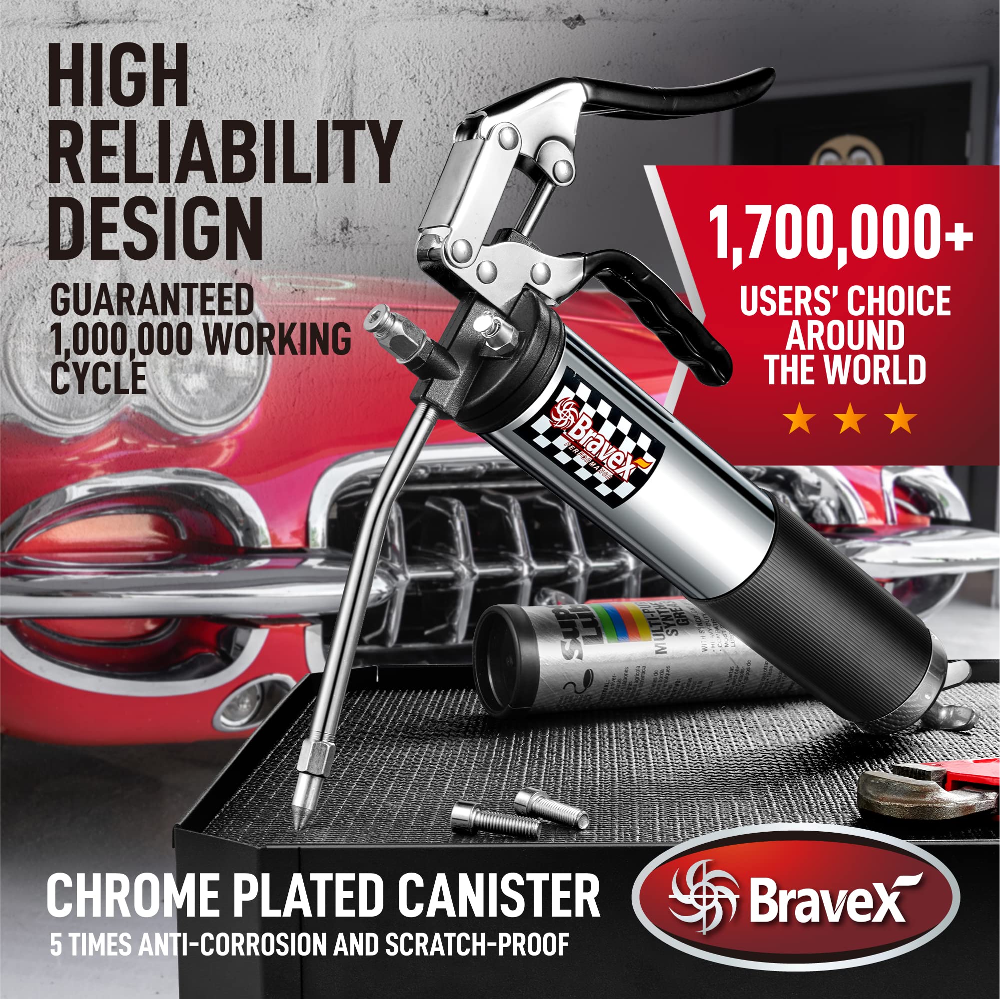 Bravex Heavy Duty Professional Pistol Grip Grease Gun 6000 Psi - 18 Inch Flex Hose