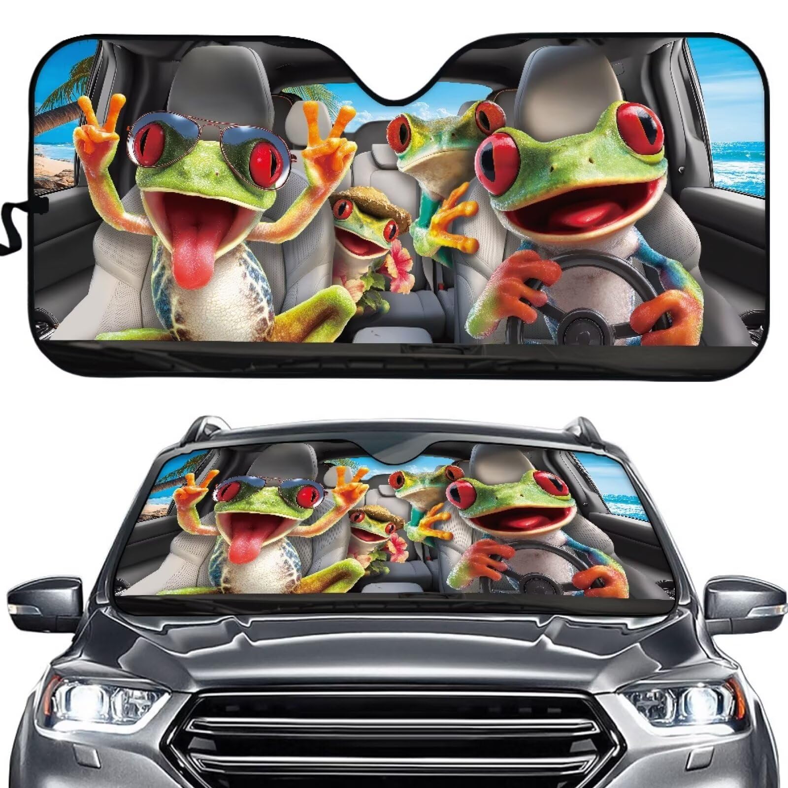 Suhoaziia Frog Family Driving Car Sun Shade Windshield Easy to Use Folding Automotive Window Sunshade Car Window Shade Blocks Ma