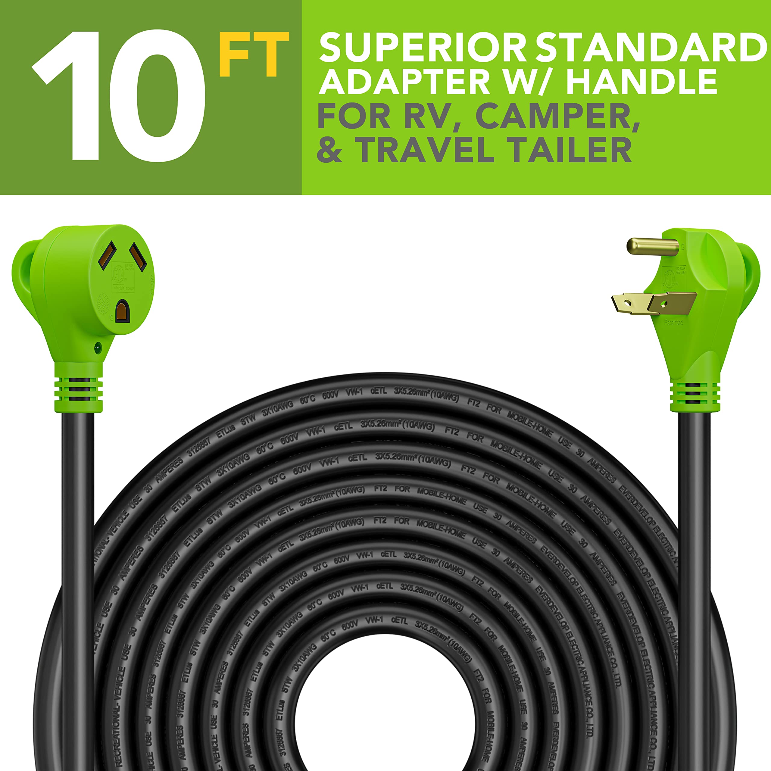 Leisure Cords 10 Ft 30 Amp Rv Power Extension Cord With Led Power Indictor - 30 Amp Male To 30 Amp Female Standard Plug (30 Amp