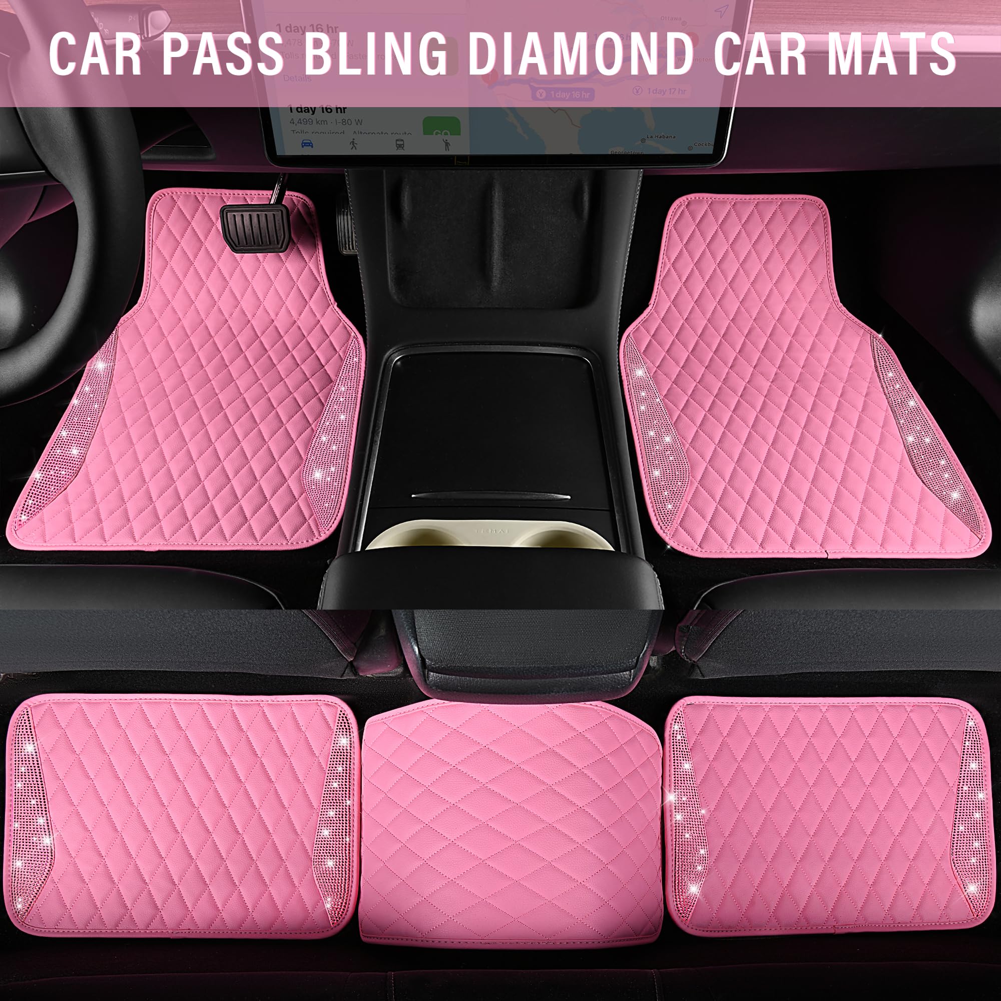 Car Pass Bling Leather Car Mats Shining Diamond Floor Mats Crystal Rhinestones Sparkly Glitter Carpet Anti-Slip Waterproof Pad U