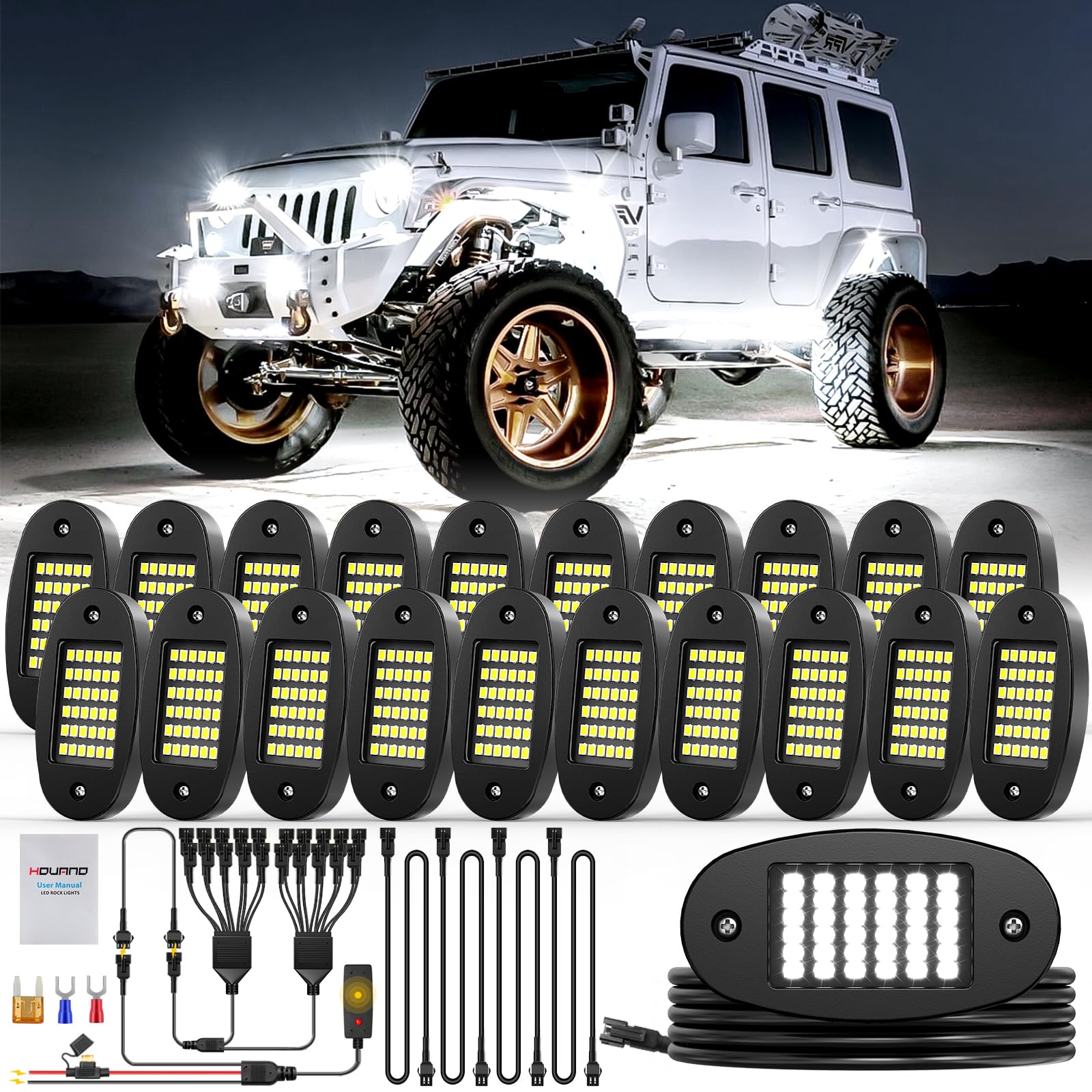 Hovano 20 Pods White Rock Light Kit with Wired Switch - 6500K Pure White LED Underglow, IP68 Waterproof, Super Bright 36 LEDs fo