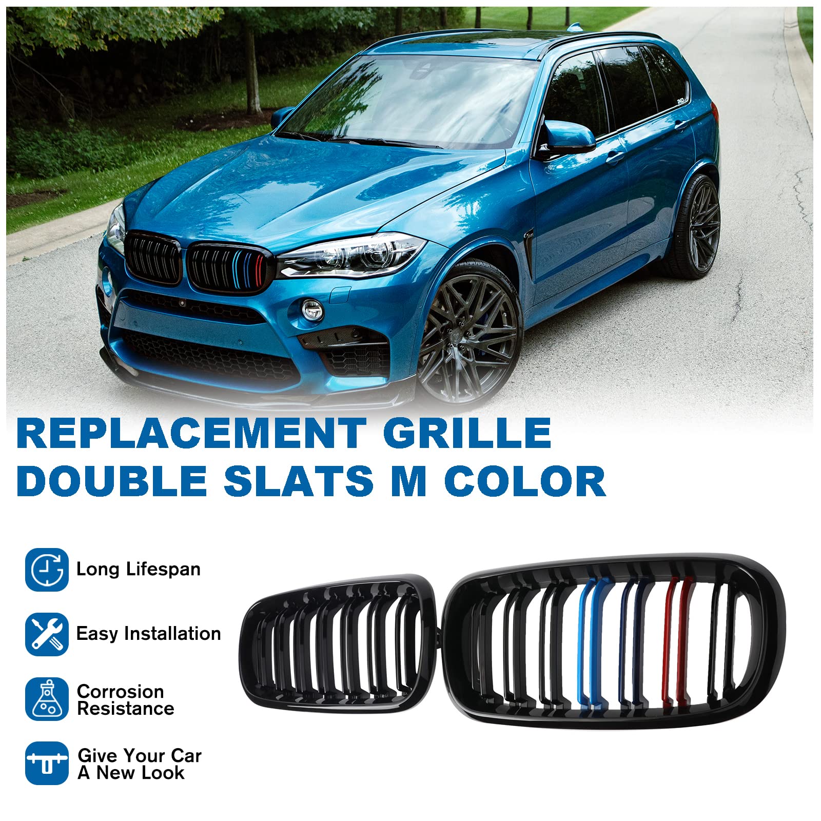 BILLDIO F15 Grill Double Slats Gloss Black ABS Compatible with 2014-2018 X5 F15 X6 F16