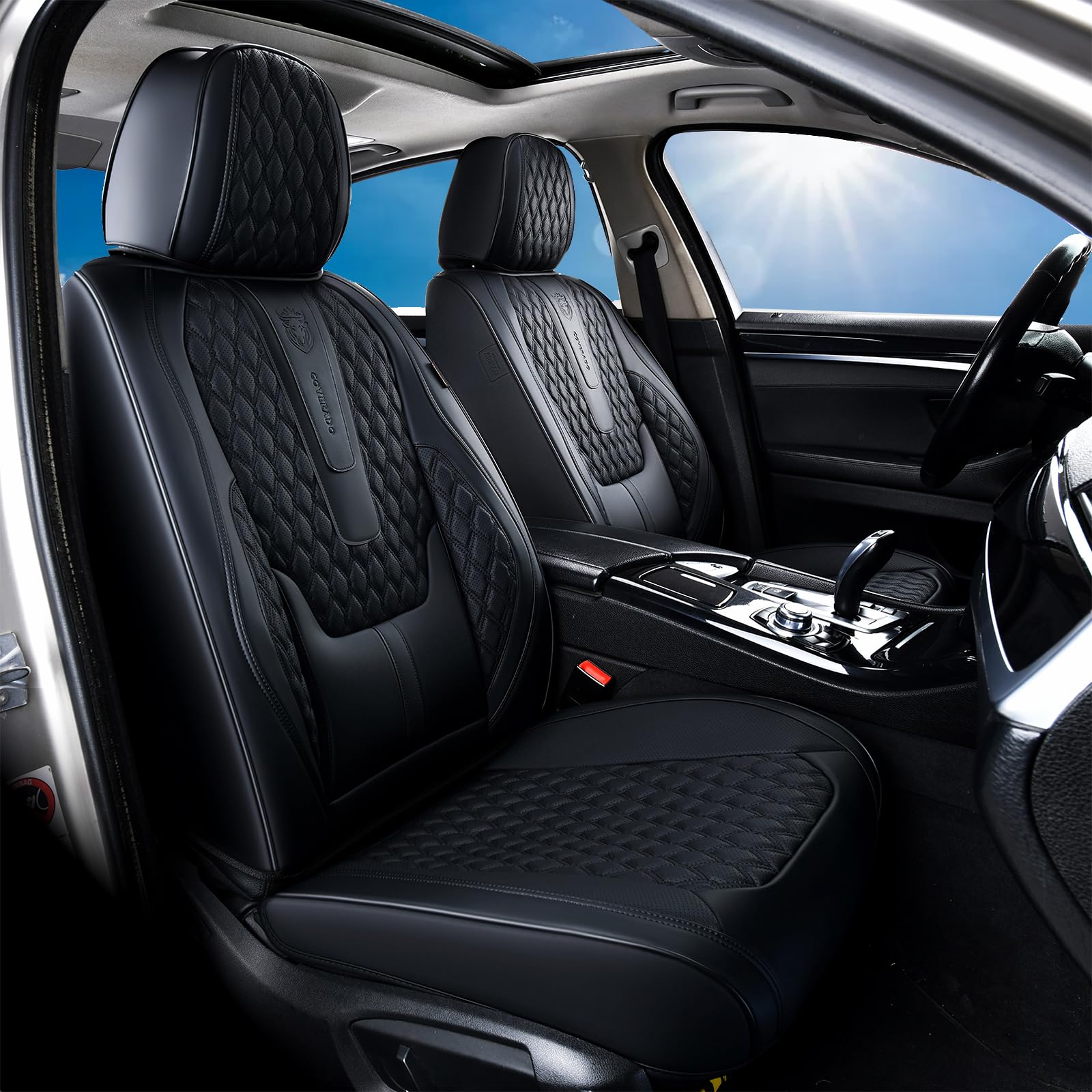 Coverado Car Seat Covers Full Set, Black Seat Covers for Car with Lumbar Support, Nappa Leather Seat Covers Waterproof Car Seat