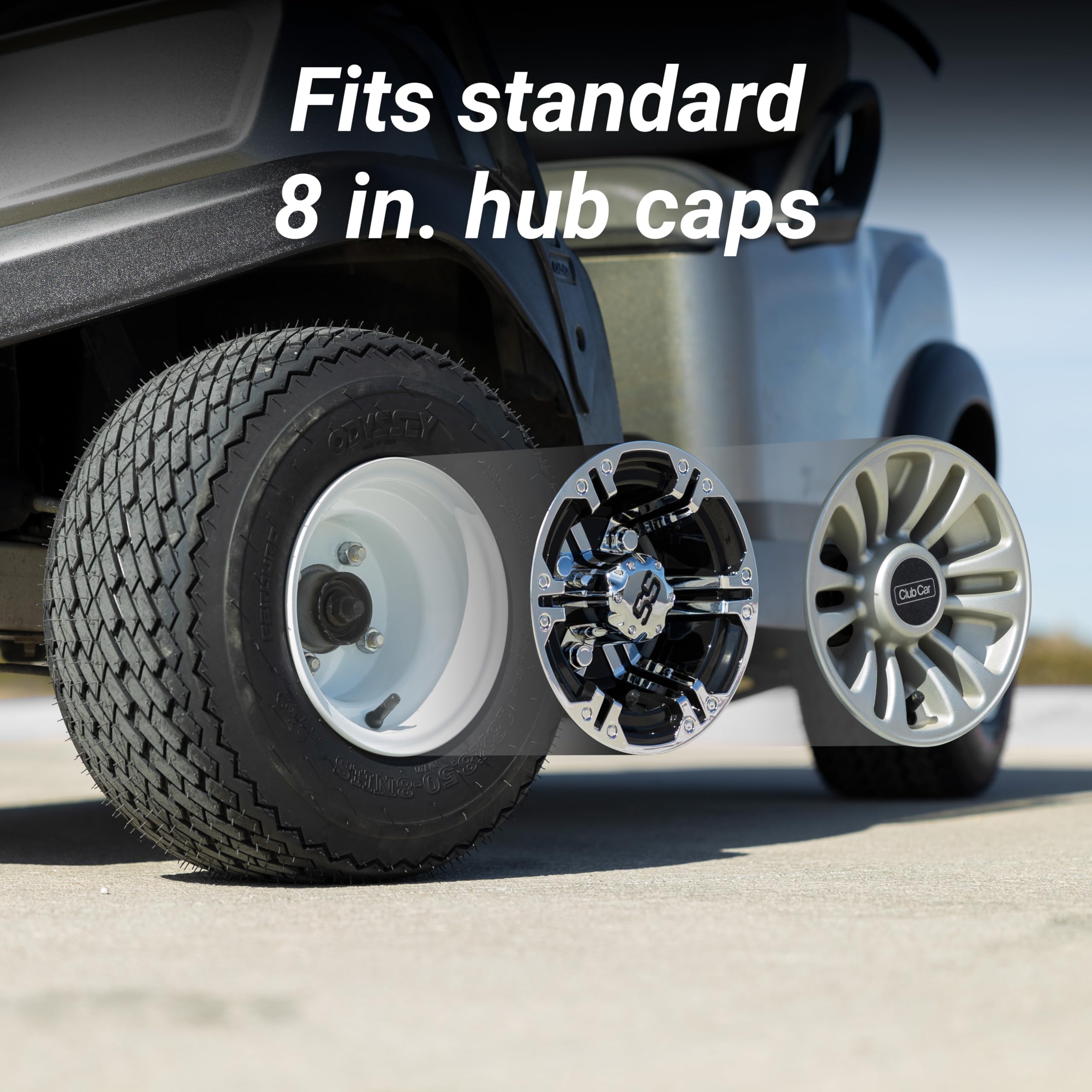 Golf Cart King 8" Steel Golf Cart Wheels & Arisun Turf Tires Set of Four - Glossy White, Model Odyssey
