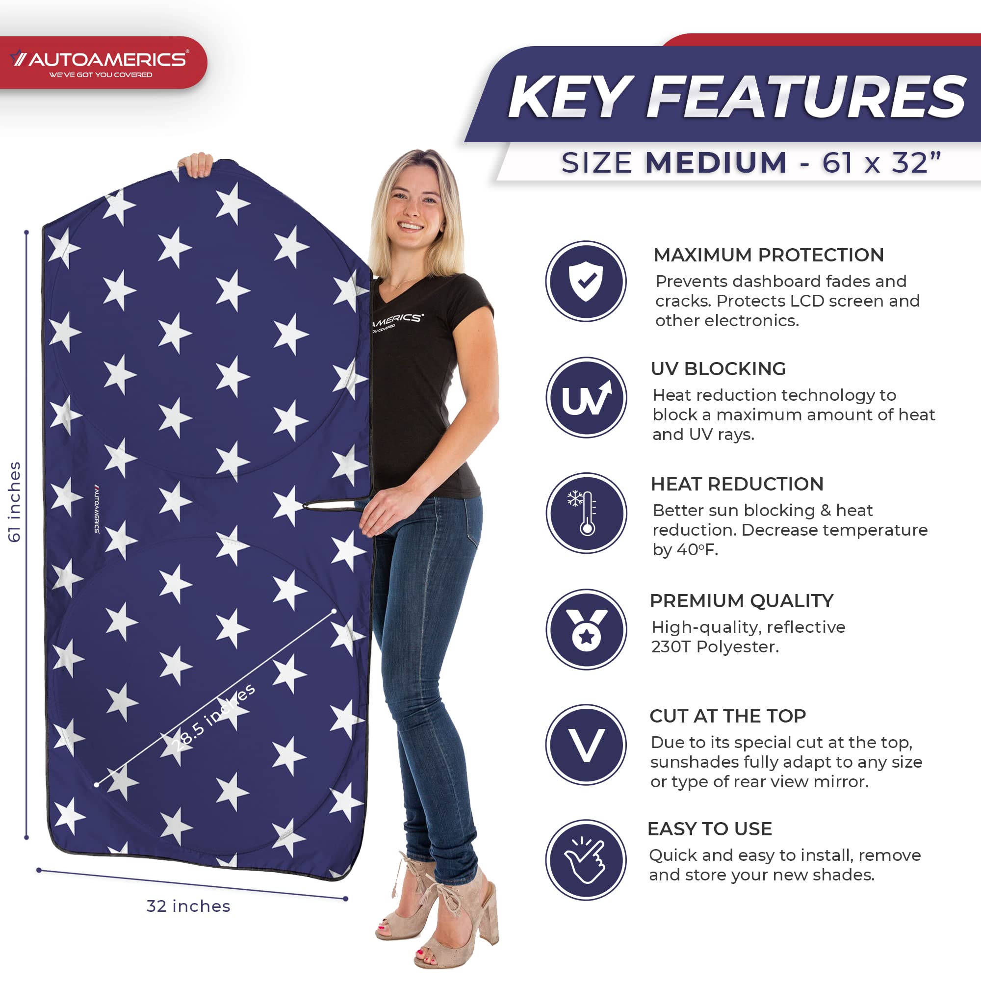 Autoamerics 1-Piece Windshield Sun Shade American Stars Flag Usa Patriotic Design - Foldable Car Front Window Sunshade For Sedan