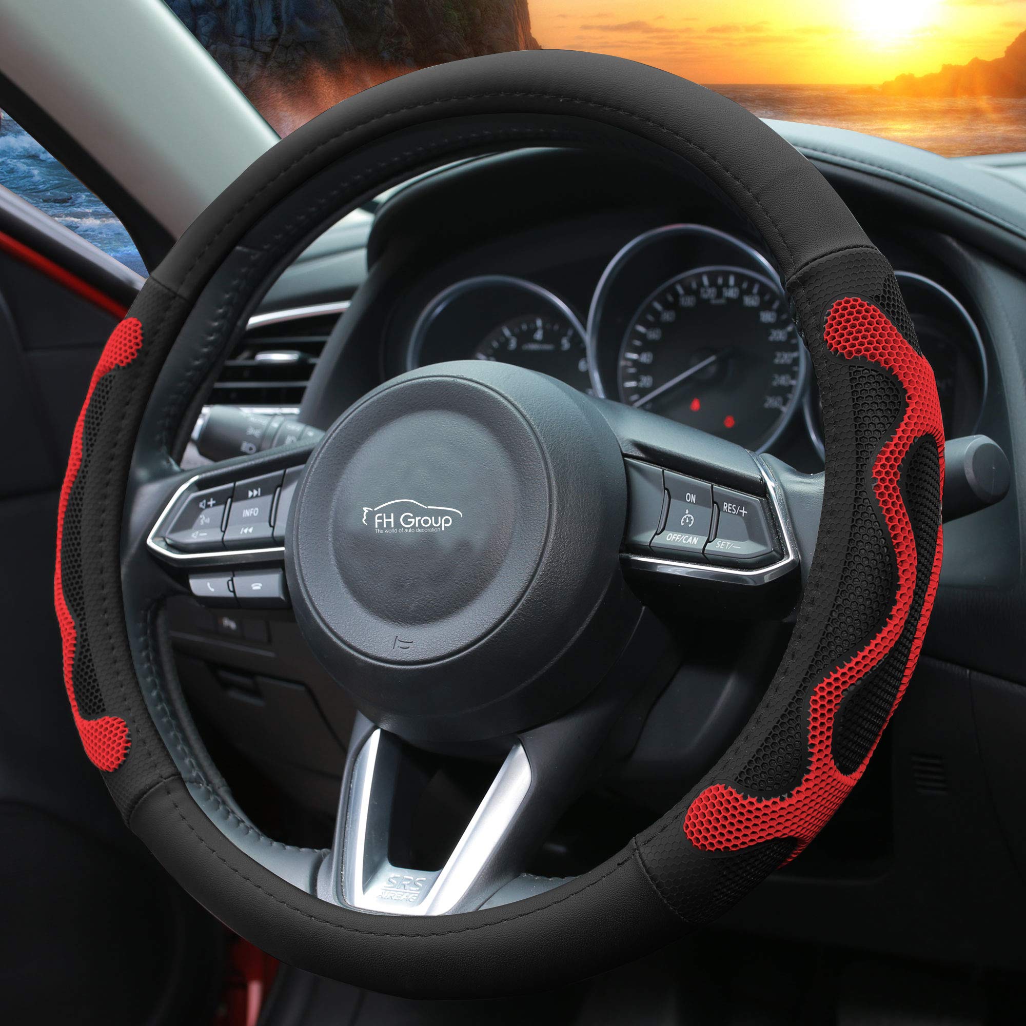 Fh Group Fh2010Red Universal Fit Leather With Silicone Anti-Slip Grip Red Steering Wheel Cover Fits Most Cars, Suvs, And Trucks