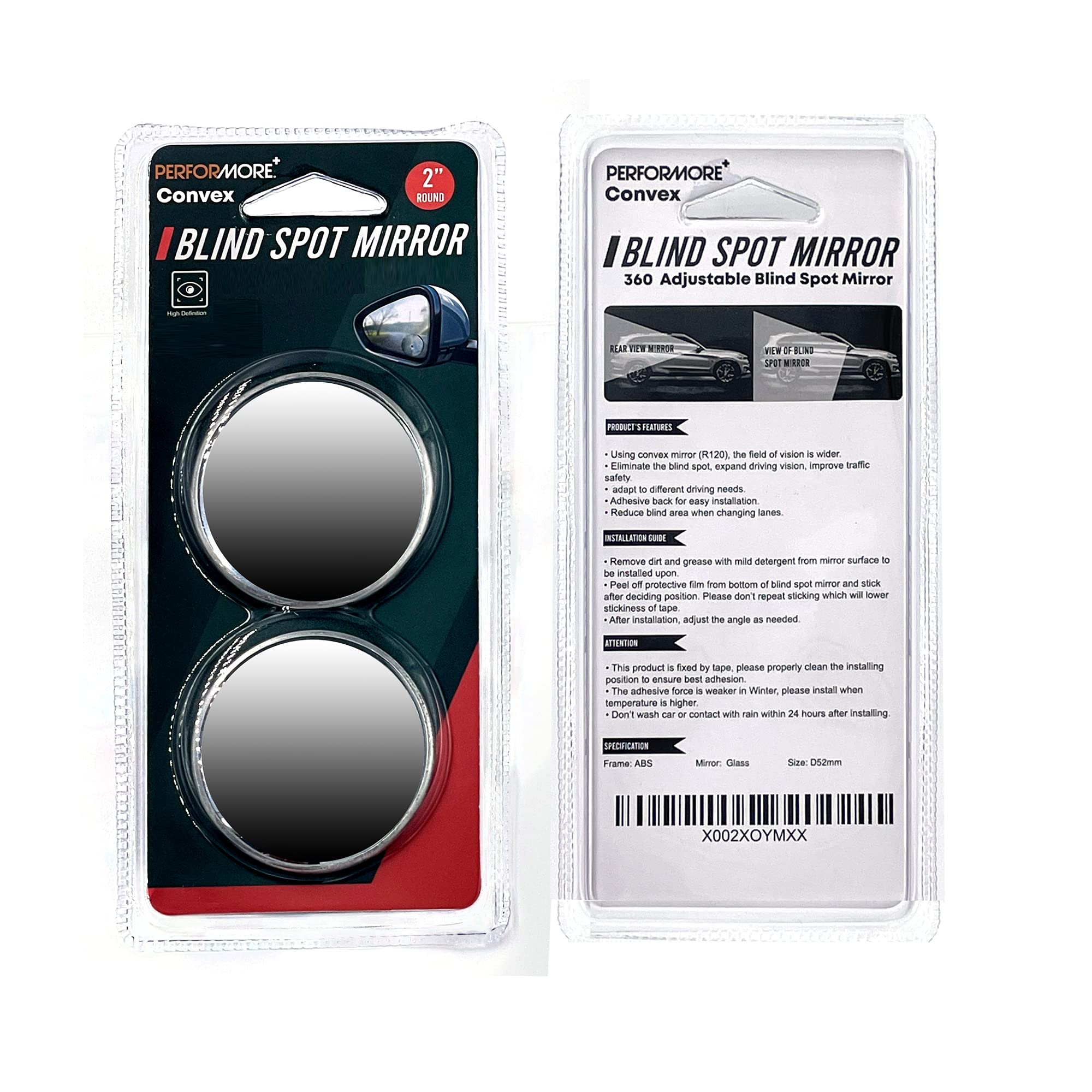 Performore 2 Pack Of Blind Spot Car Mirrors, 2 Inch Round Hd Glass Convex Rear View Wide Angle Side Mirror Blindspot With Self A