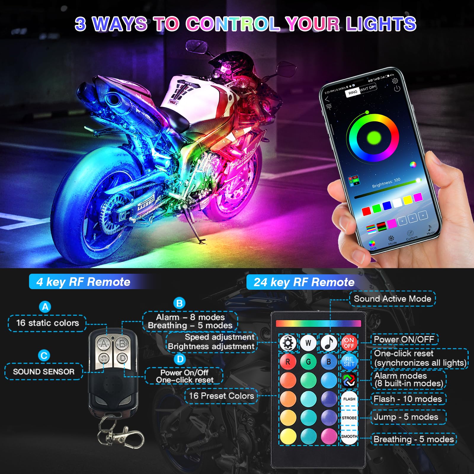 LD DARKEAGLE 8PCS Motorcycle LED Lights Kit, RGB Multicolor, Waterproof, APP/RF Remote, Model LD-4X-strip-8