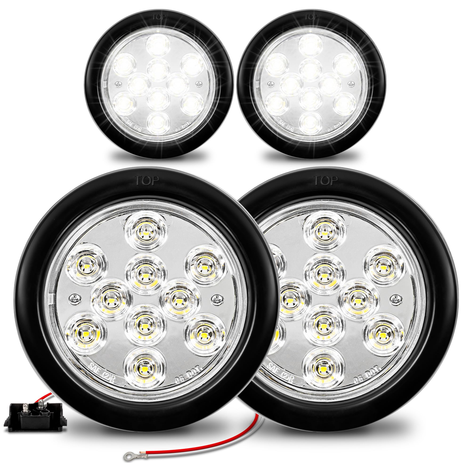 TRUE MODS 4pc 4 Round Clear White 10 LED Trailer Tail Lights [DOT FMVSS 108] [SAE (2)R] [Grommet & Plug] [IP67 Waterproof] Rever