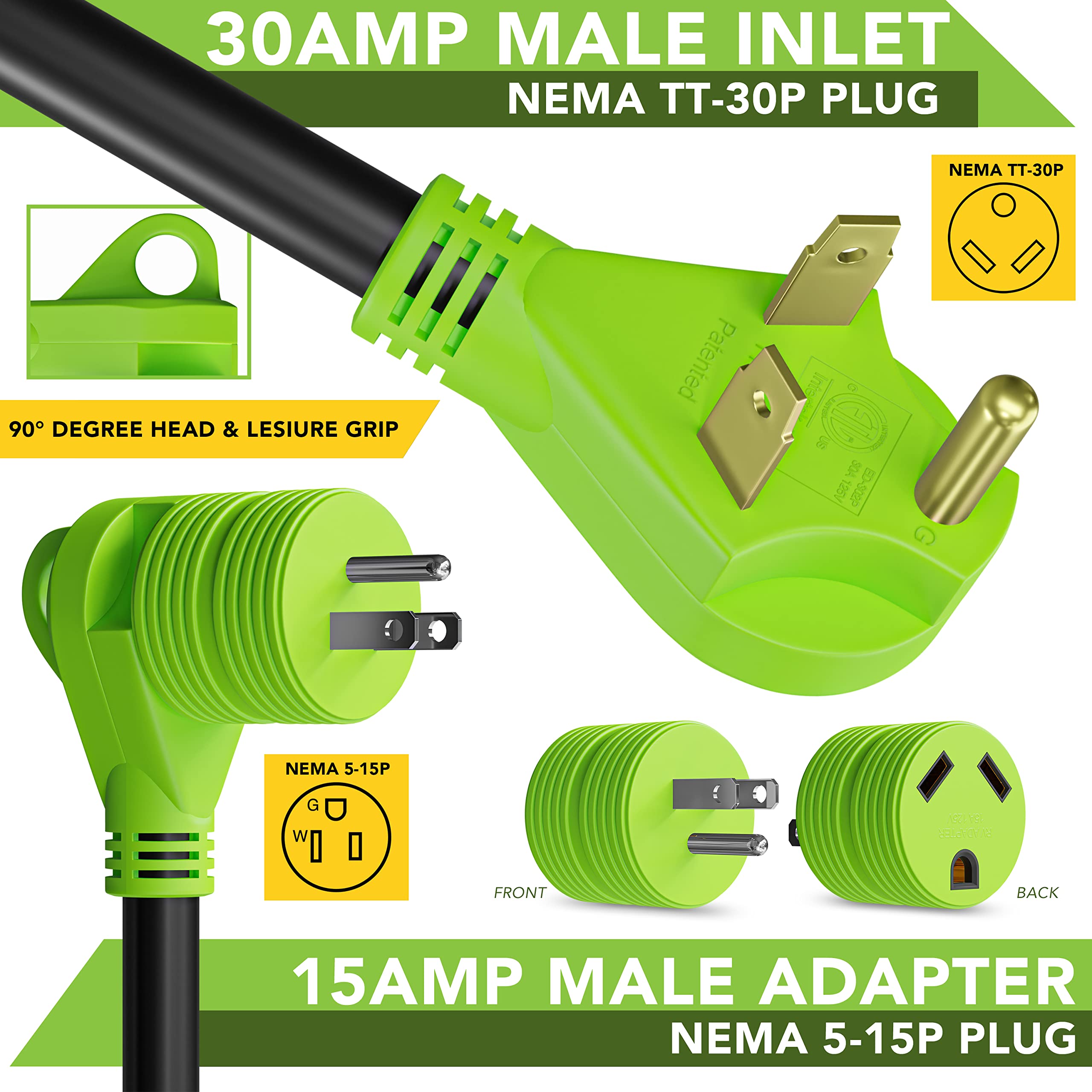 Leisure Cords 25' Power/Extension Cord with 30 AMP Male Standard/30 AMP Female Locking Adapter (30 Amp - 25 Foot)