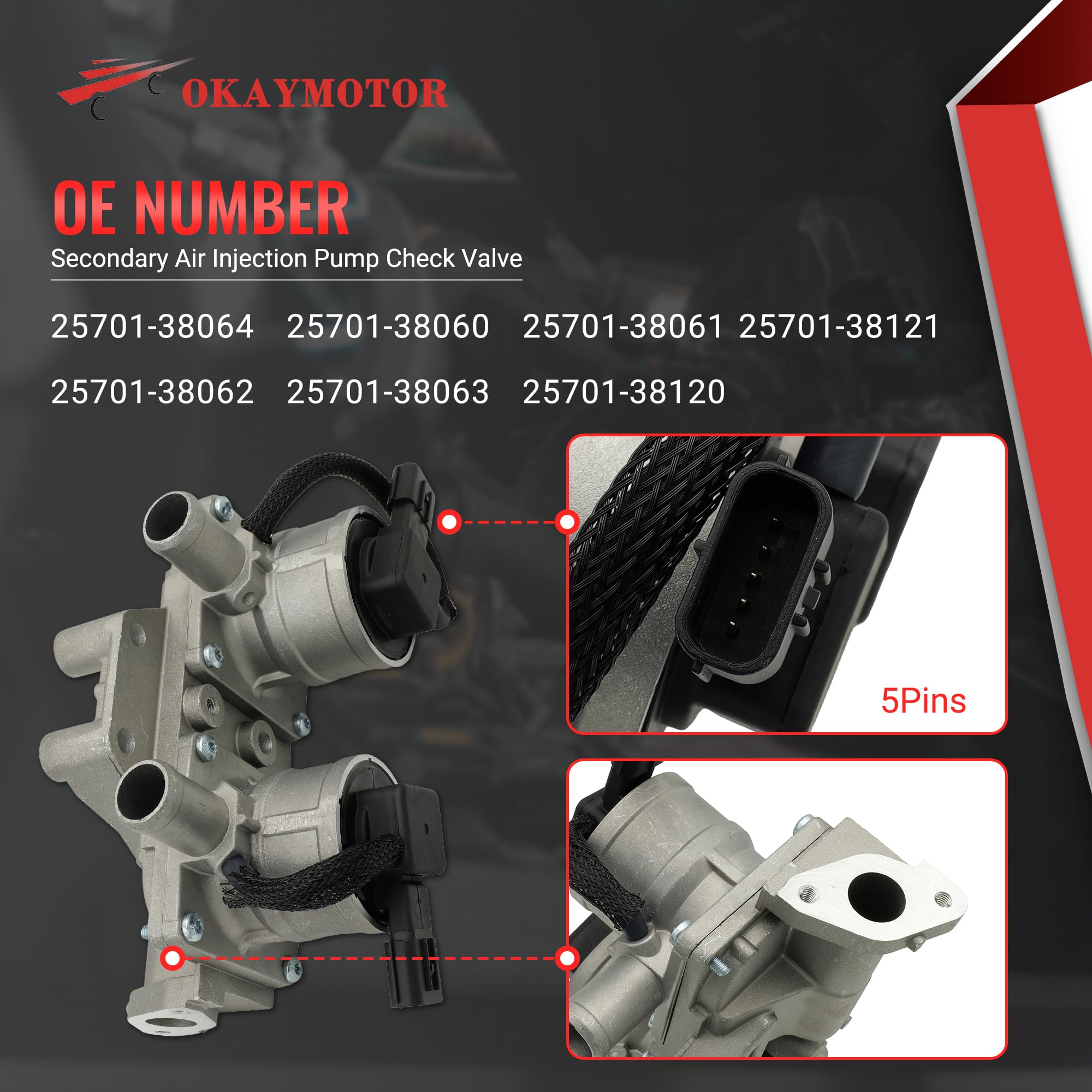 OKAY MOTOR Secondary Air Injection Pump Check Valve 25701-38064 for 2007-2021 Toyota Tundra, Land Cruiser, Sequoia, LX570, 5.7