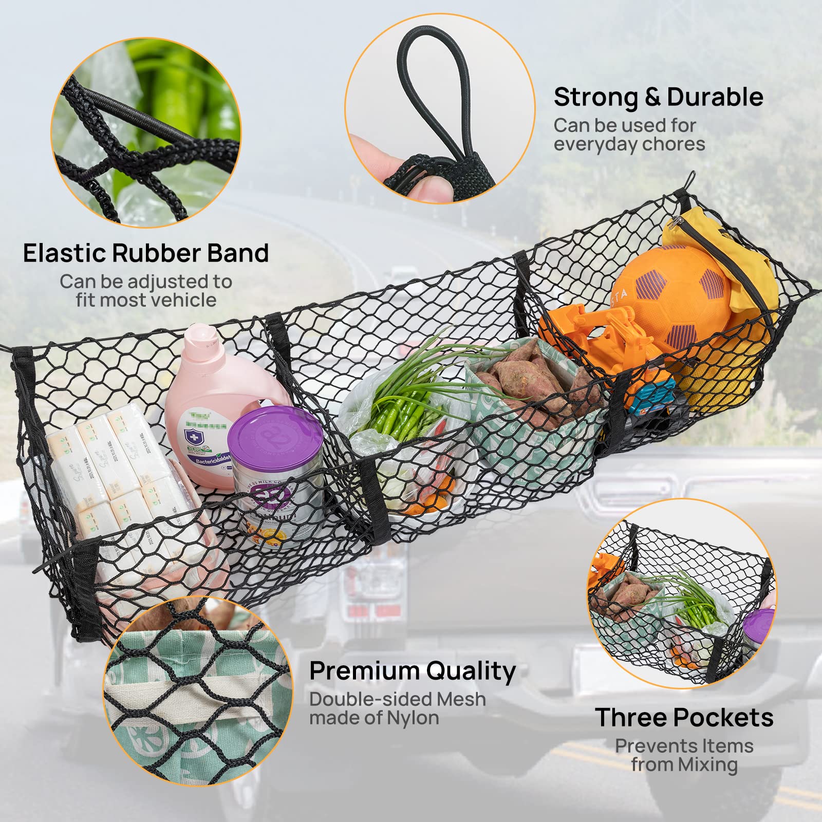 3-Pocket Truck Bed Cargo Net Organizer,Heavy Duty 51.1  15.7 Inch Mesh Storage With 4 Metal Hooks,Universal Pickup Truck Bed Acc