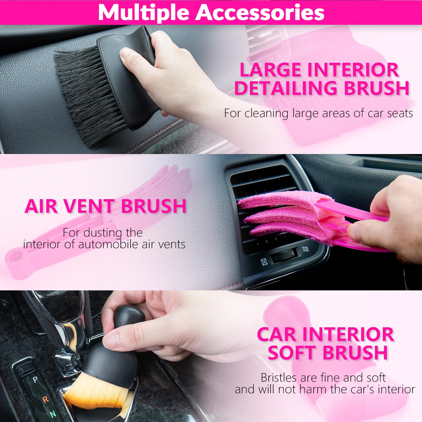 ThinkLearn Car Cleaning Kit - High Power Handheld Vacuum & 7Pcs Detailing Brushes - Pink Accessories for Women - Model TL1037