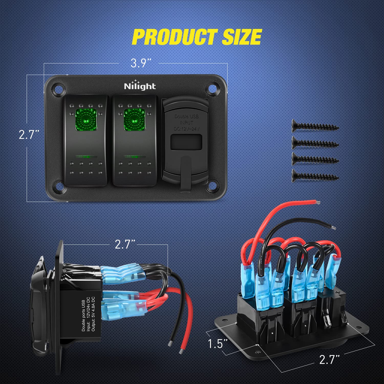 Nilight 2 Gang Rocker Switch Panel Green Backlit With 4.8 Amp Dual Usb Charger Voltmeter Waterproof 12V 24V Dc Night Glow Sticke