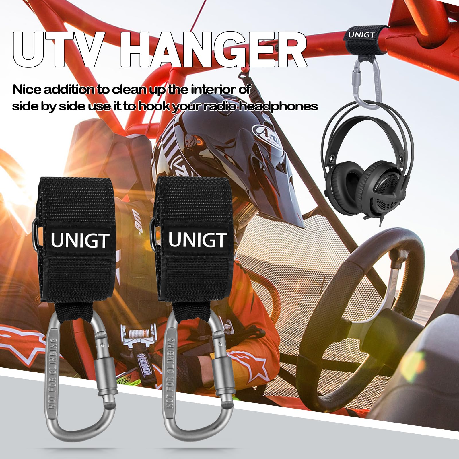 UNIGT 2 Pack UTV Hook for Hanging Headsets, Helmet and Goggles, Multipurpose Carabiners for Electric Scooter Owner Fits 1.5-2.0'