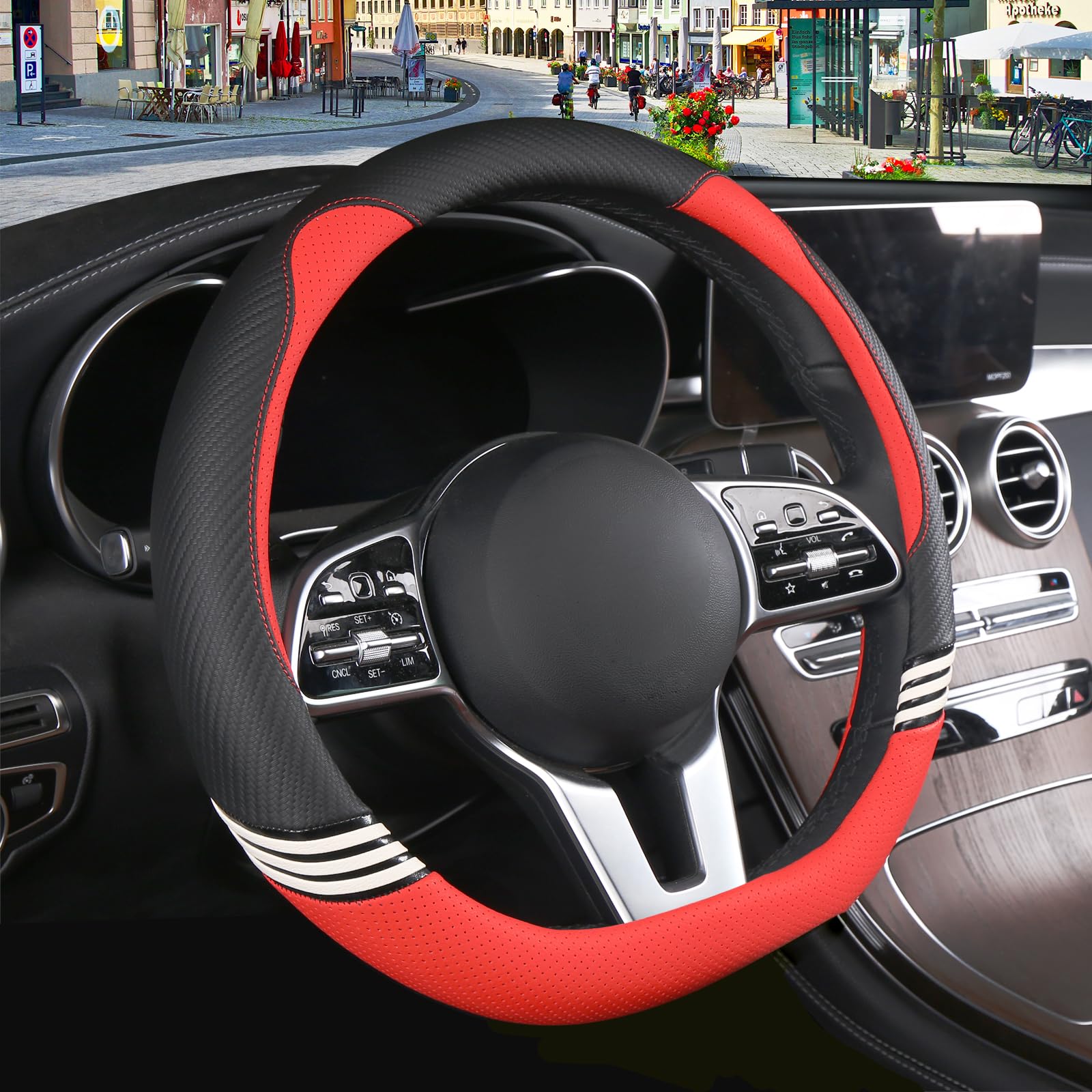 Binsheo Cute Steering Wheel Cover D Shape For Girls Women Universal 15 Inch,Black And Red