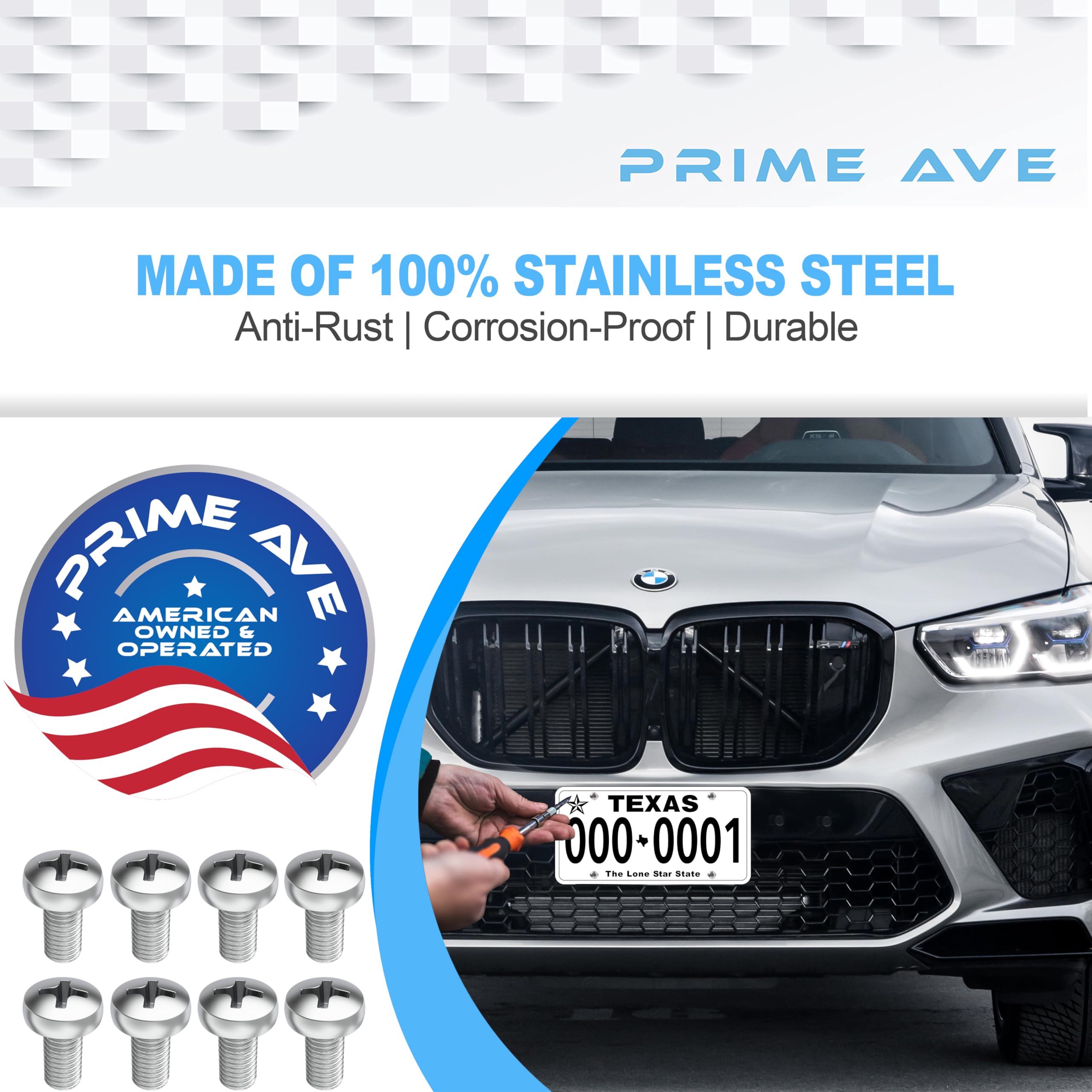Prime Ave Stainless Steel License Plate Screws For License Plates, Frames, Covers - Front/Rear Rust Proof Car Tag Screws - Licence Plate Screw Set Compatible With Bmw (Pack Of 8)