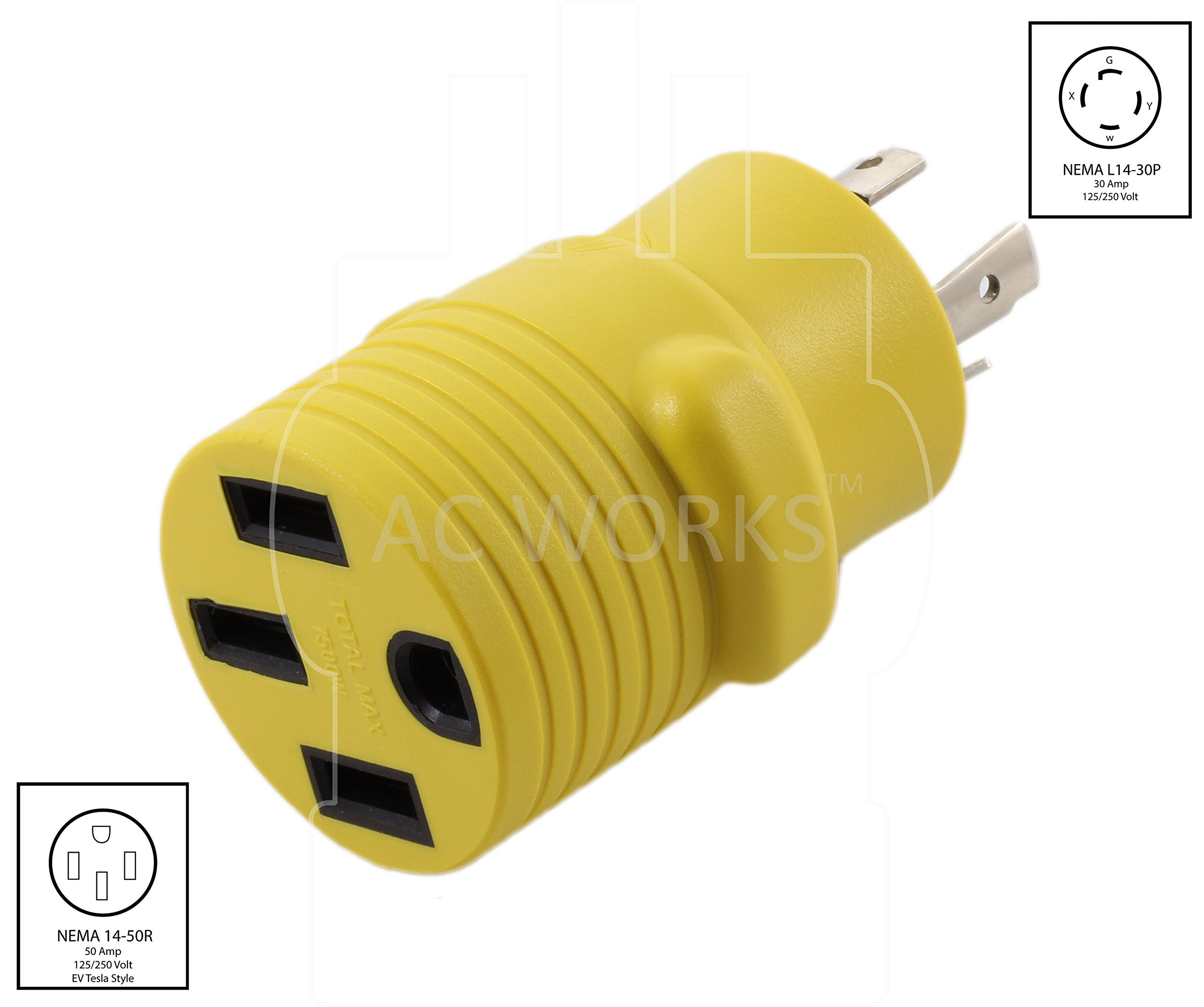 AC WORKS EV Charging Adapter for Tesla, L14-30 30A 4-Prong Locking to 50A RV/Tesla, Model RVL14301450