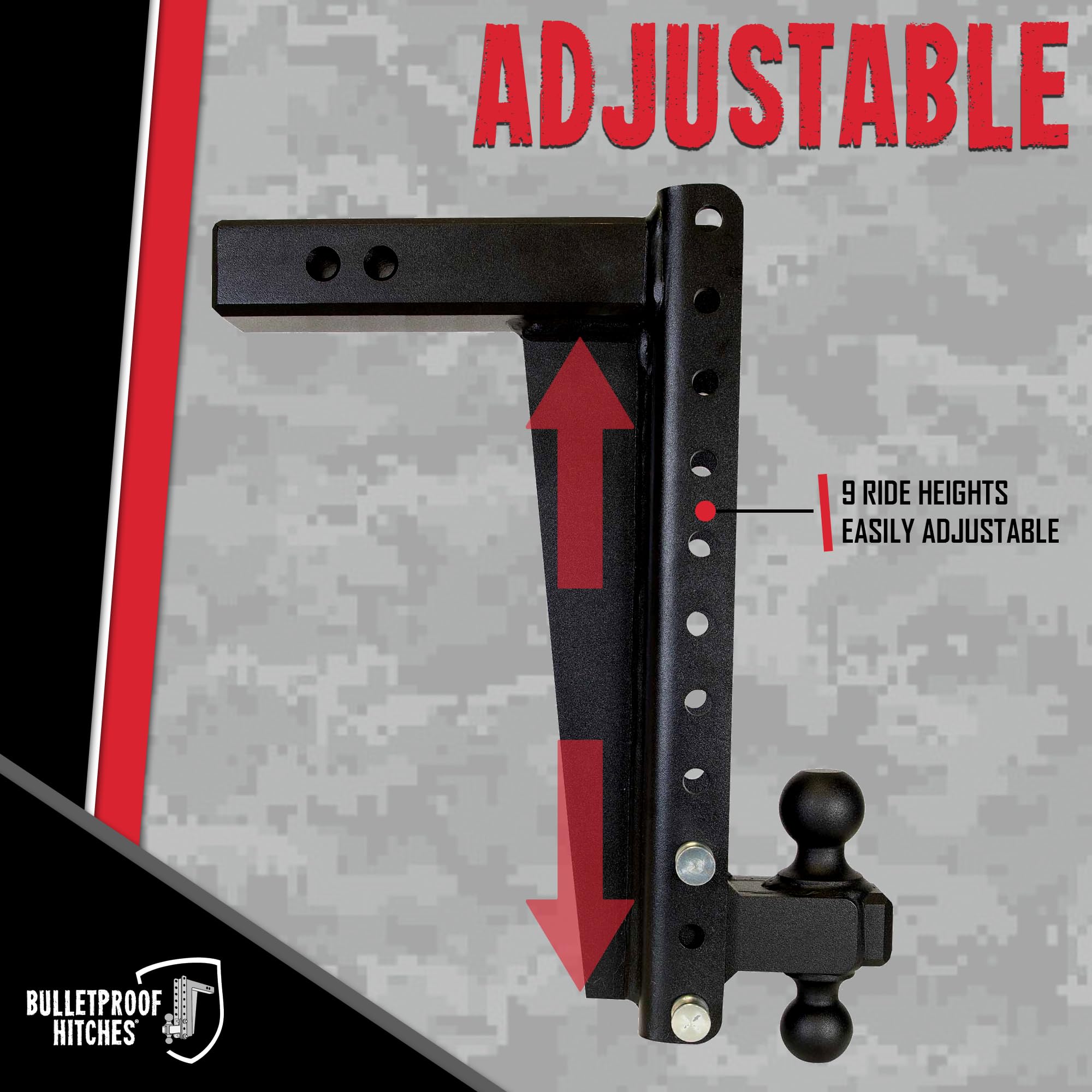 BulletProof Hitches 2.5" Adjustable Heavy Duty Trailer Hitch 22,000 lb Rating, 16" Drop/Rise, Black, Model HD2516