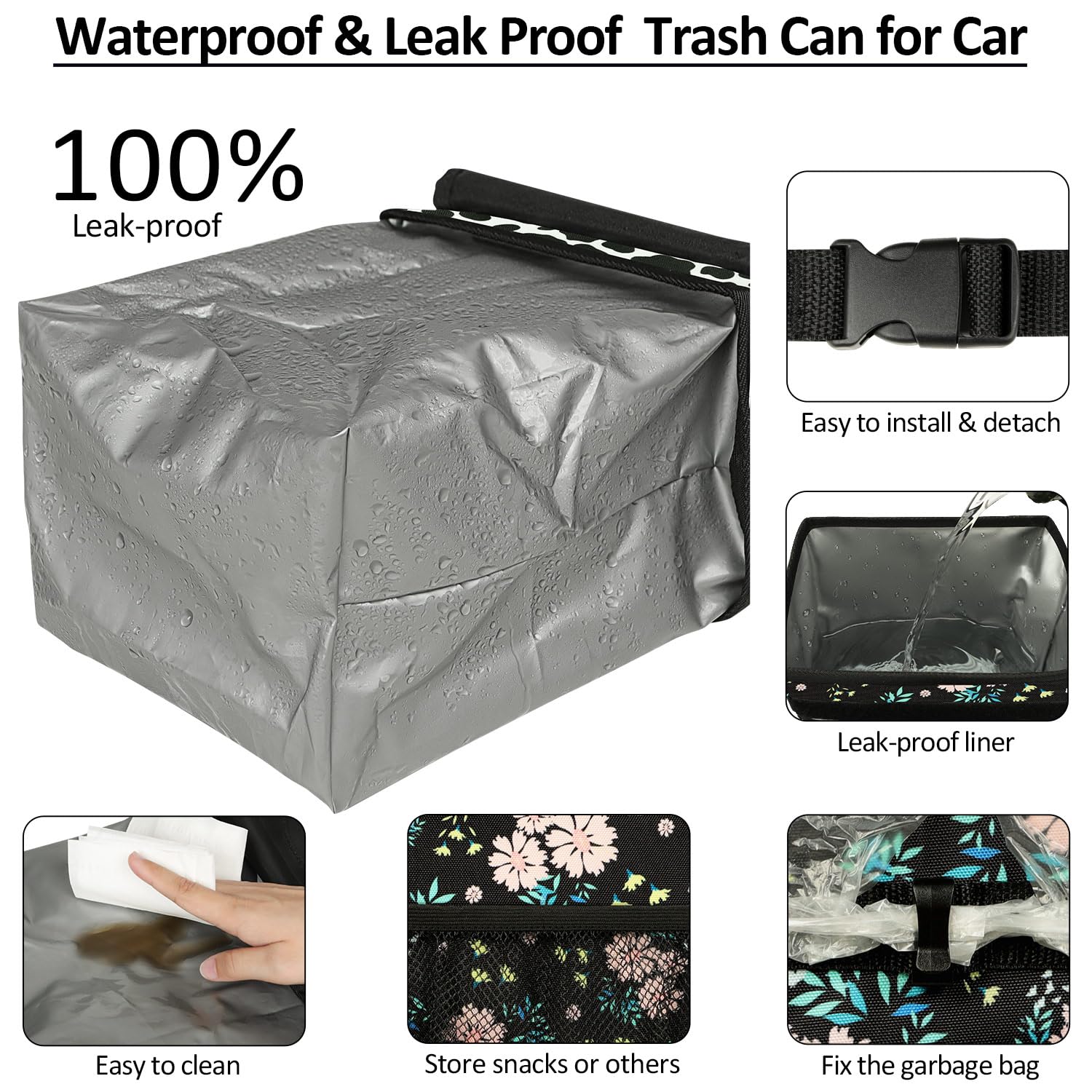 ELONGRIVER Car Trash Can Bin - 2 Gallon Leak Proof Polyester Vehicle Trash Bag, Colorful Floral, for SUV, Truck, Van, Model 220908-10
