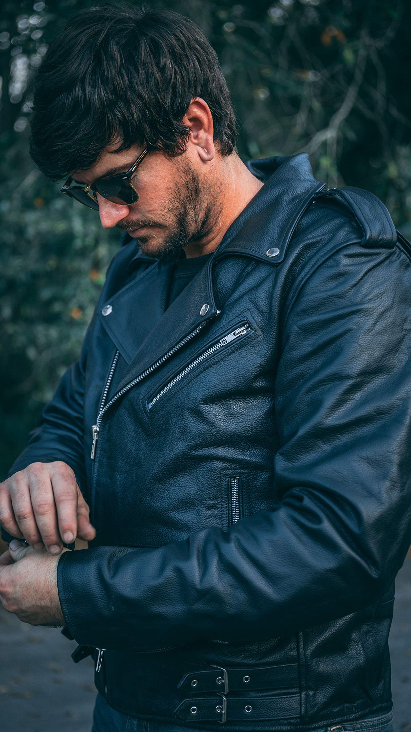 HWK Brando Leather Motorcycle Jacket - Black, Large, Genuine Leather, Removable CE Armor, Thermal Lining, Weather Resistant