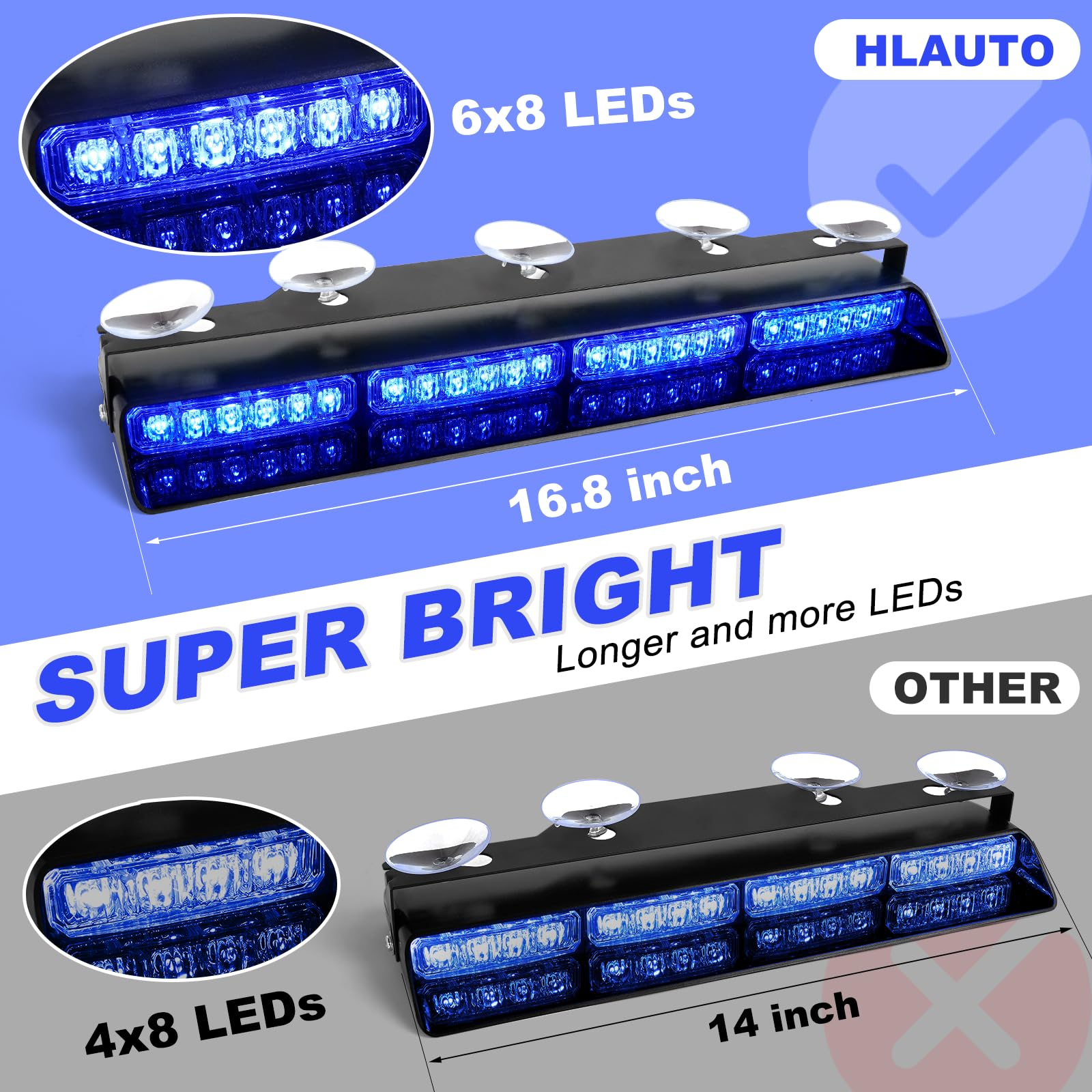 HLauto Emergency Dash Strobe Lights - 48 LED, 16.8" Blue Traffic Light Bar for Trucks & Construction Vehicles, Model CA-6Z4J BB