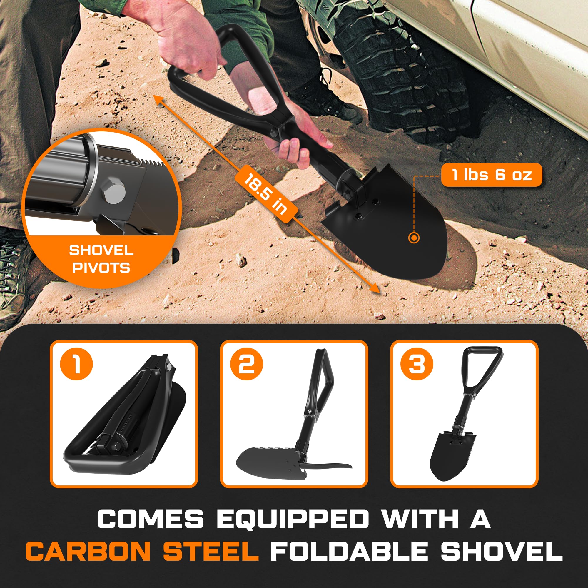 Optimise USA 1" x 30ft Kinetic Recovery Rope Kit - 48,500lbs, Tow Strap, 2 Soft Shackles, Off-Road Shovel, Carry Bag, Orange
