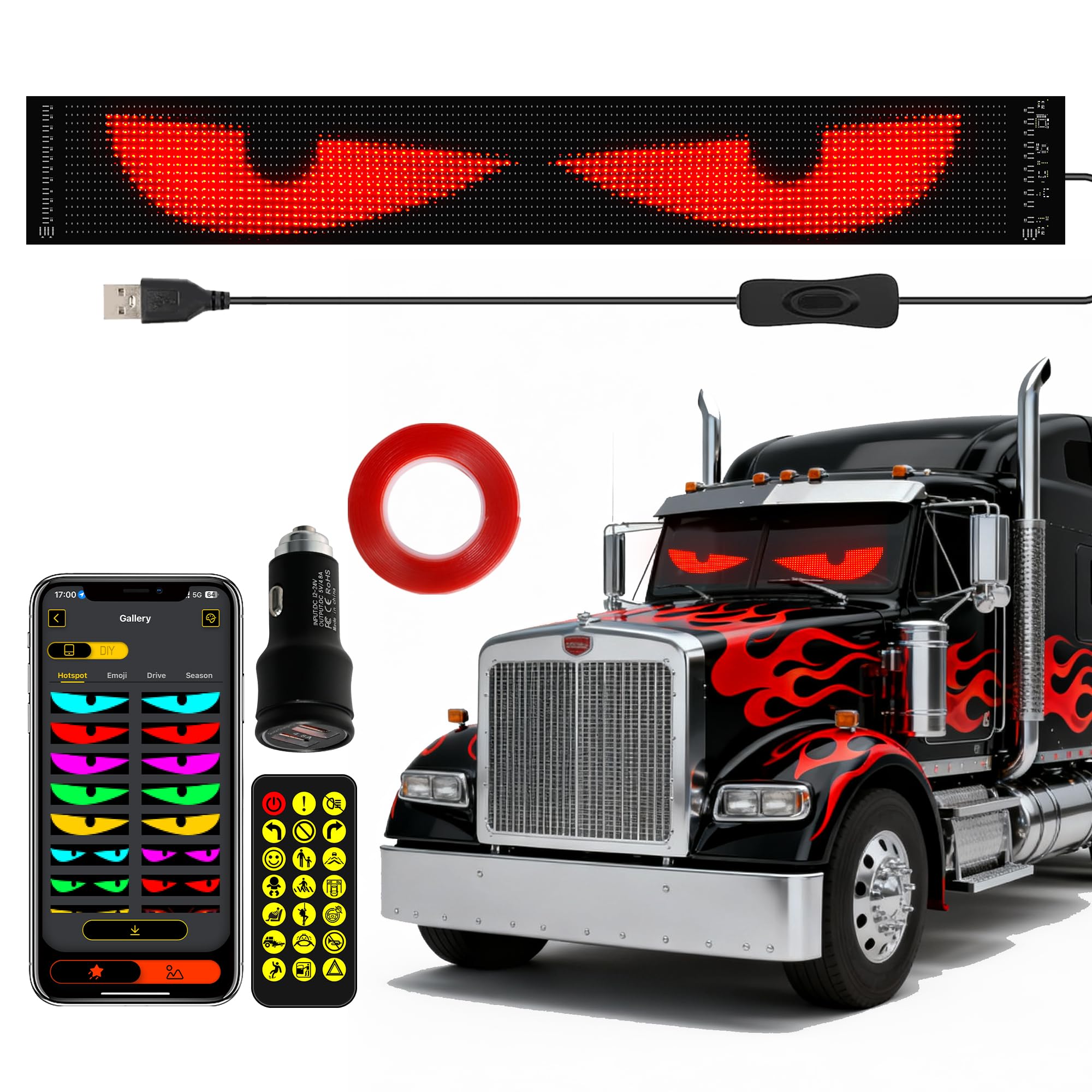 Truck Windshield LED Eyes | 69.4*7.56Programmable Devil Eyes Light Bar with APP & Remote for Semi-Trucks