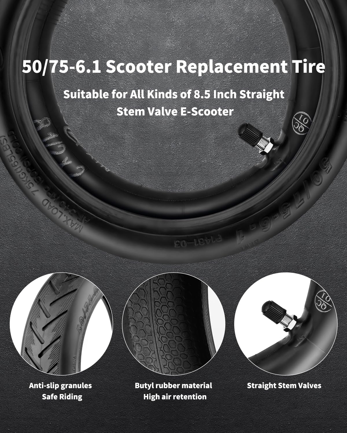 Walshen 8.5" Tire Tube Set for Xiaomi Electric Scooter - Rubber, Black, Model 50/75-6.1, Thickened Pneumatic Tire and Tubes