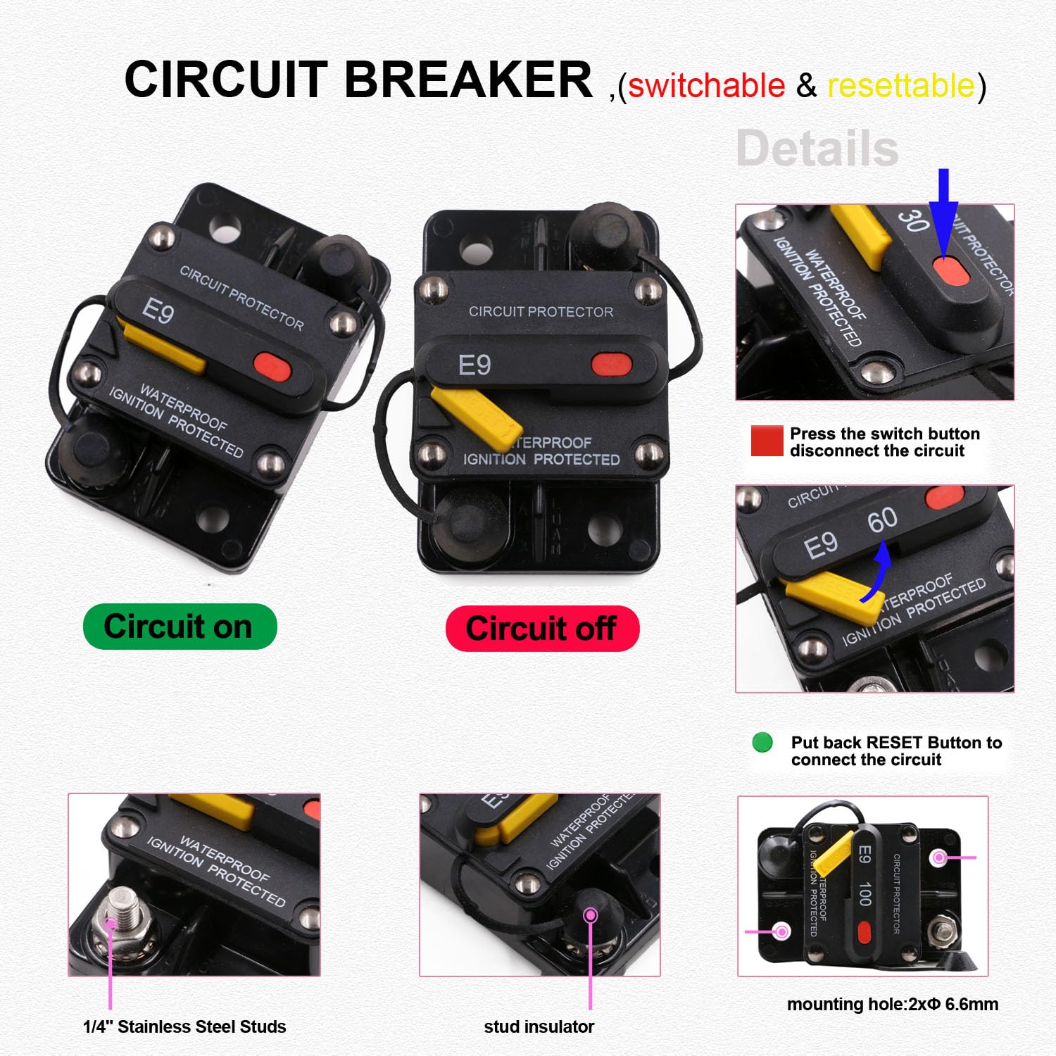 T Tocas 60A Circuit Breaker T3 Manual Reset, Waterproof, Surface Mount-Recessed Button, 12V-48V DC