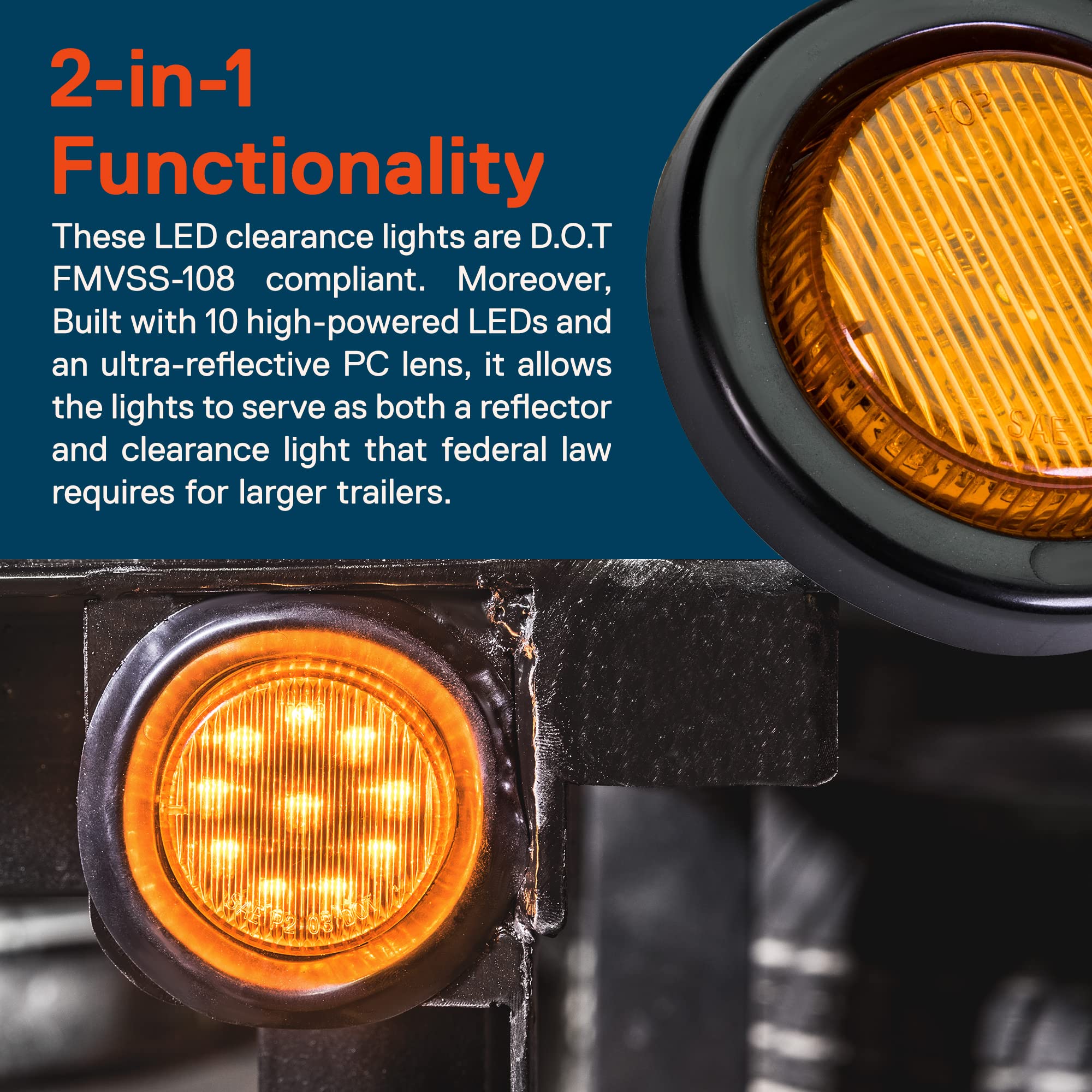 True Mods 4Pc 2'' 12V Amber Round Led Clearance Side Marker Lights [Dot Fmvss 108] [Sae P2] [Reflector Lens] [Grommet & Plugs] [
