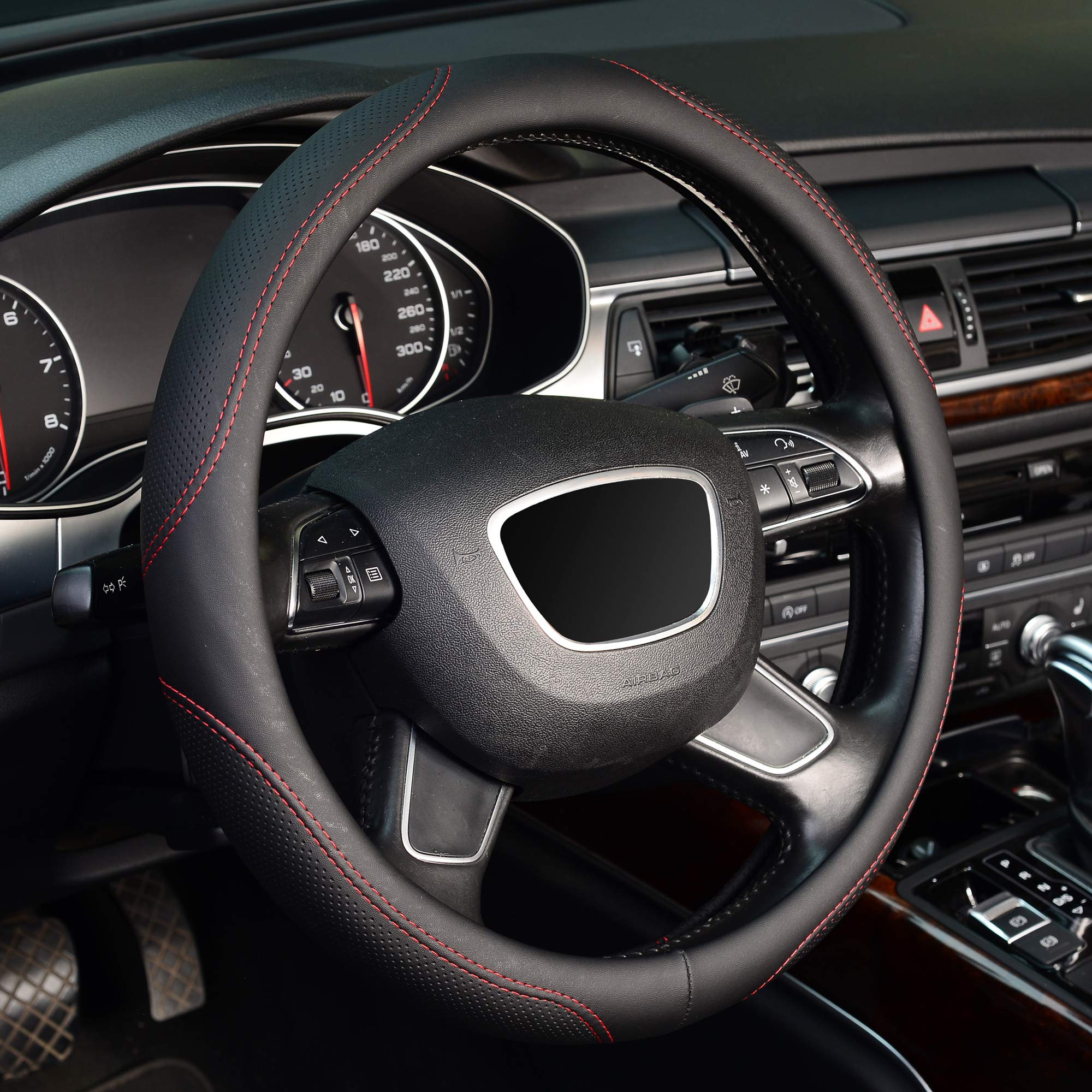 Kafeek Microfiber Leather Steering Wheel Cover, Universal 15 Inch, Red Lines