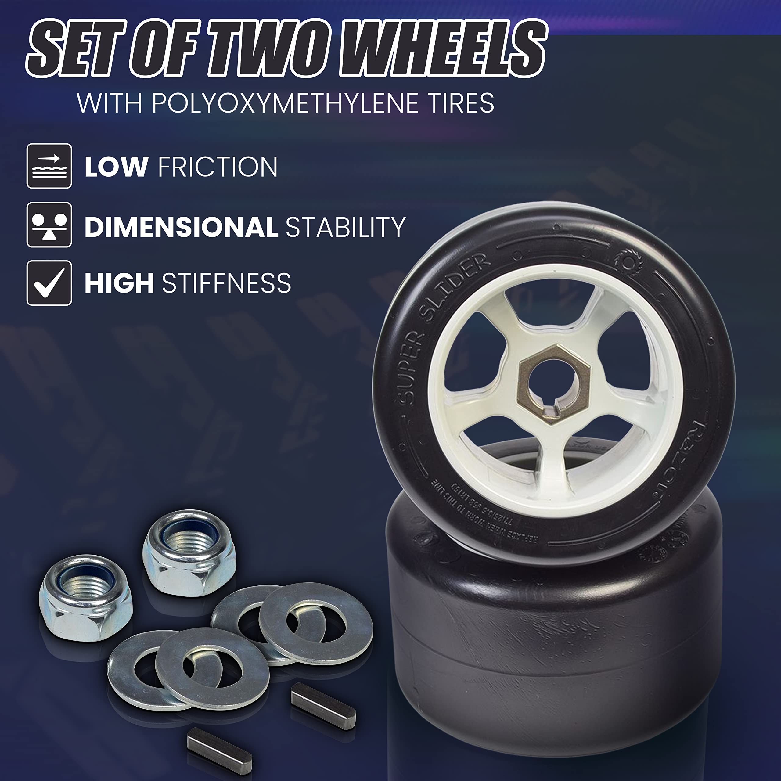 AlveyTech Super Slider POM Rear Wheels for Razor Go-Karts - 1.75" Rubber Drift Tires, Model R03-1145, Left & Right Set