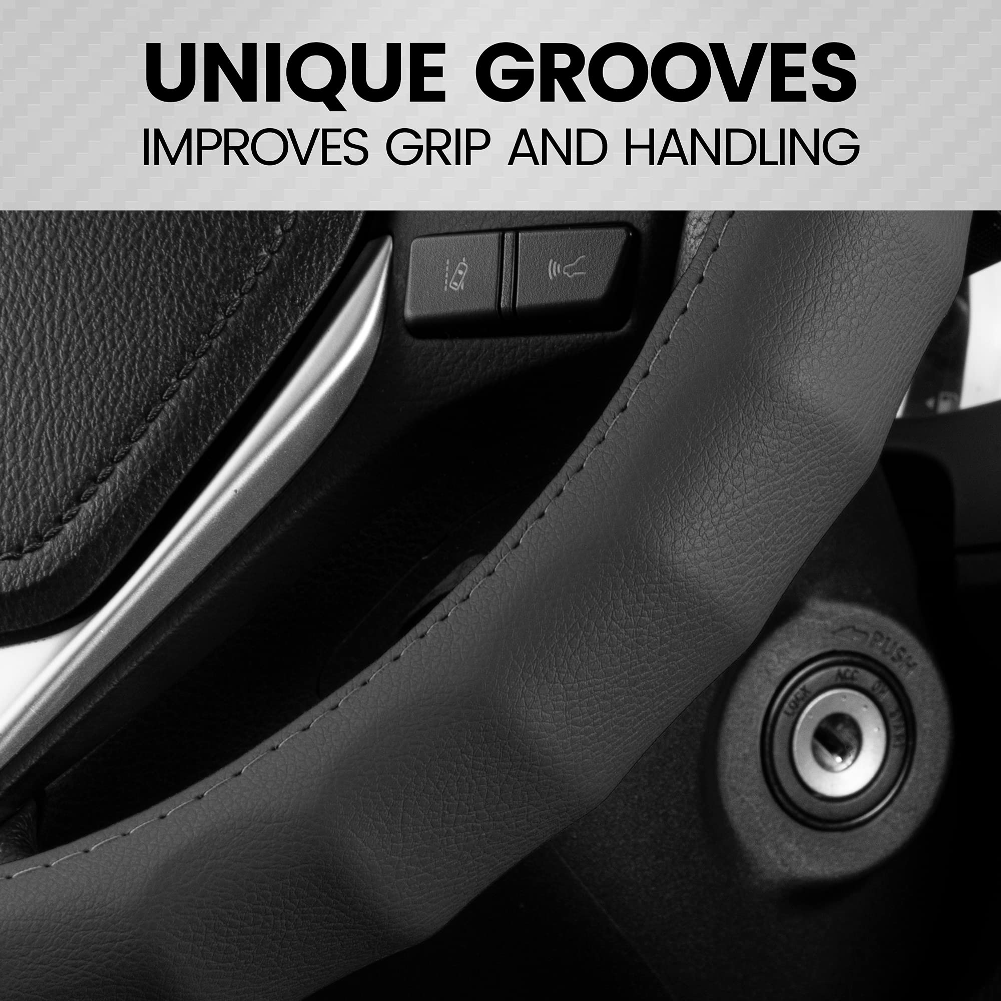 BDK Leather Steering Wheel Cover - Black, Large (15.5-16.5 inch) - Ergonomic Grip for Men & Women, Model SW899