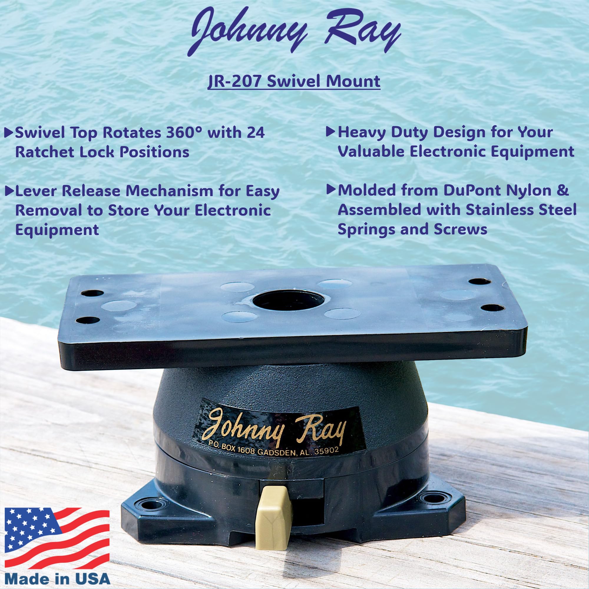 Johnny Ray Jr-207 Marine 1.25 By 5.5-Inches Top Lever Release Portable Sonar Swivel Mount, Black Finish
