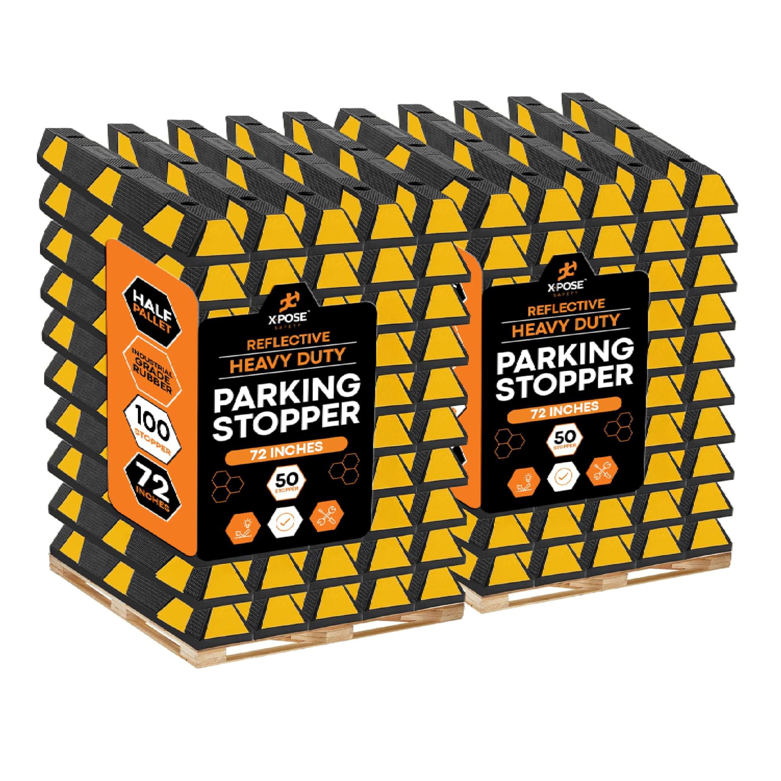 Xpose Safety 72 Heavy Duty Rubber Parking Stopper - Bulk 2 Full Pallets 100 Pack Wheel Blocks for Garage, Driveway, or Ramp - Ca