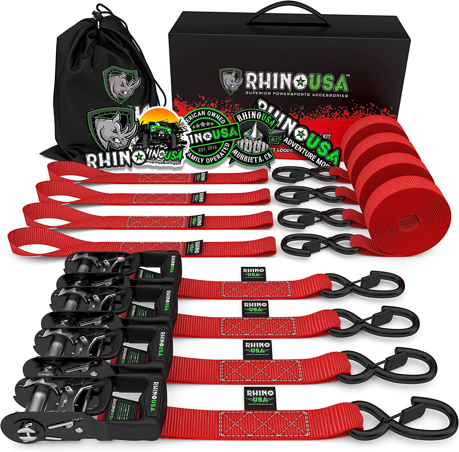 RHINO USA Ratchet Straps Tie Down Kit, 5,208 Break Strength - Includes (4) Heavy Duty Rachet Tiedowns with Padded Handles & coat