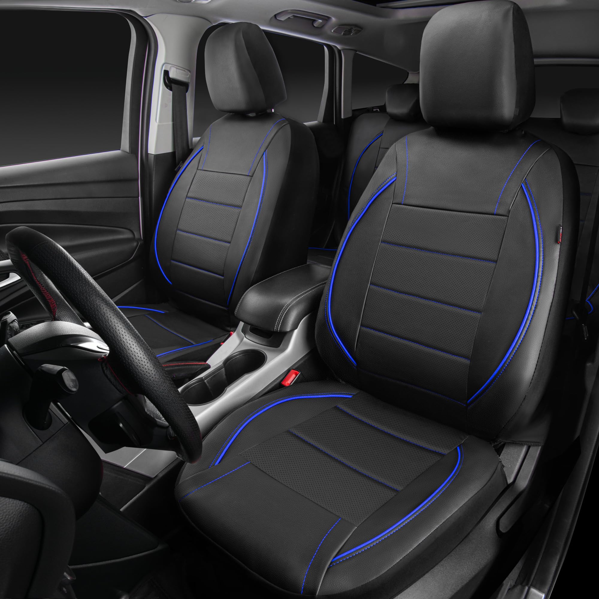 CAR PASS Universal Fit Leather Car Seat Covers, 11PCS, Airbag Compatible, Black and Blue, Inside Zipper Design