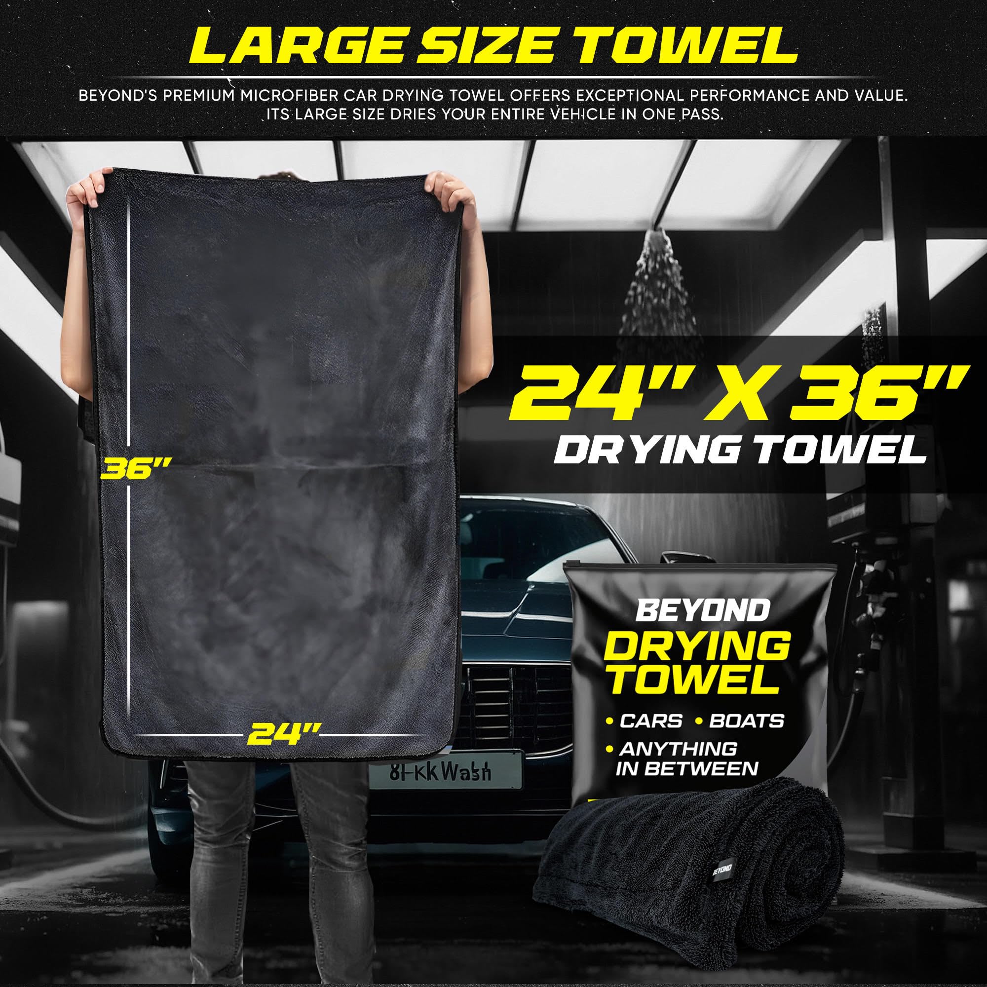 Beyond Braid Microfiber Towel - Super Absorbent 24"x36" Black Detailing Towel - Scratch & Streak Free, Twisted Loop Technology